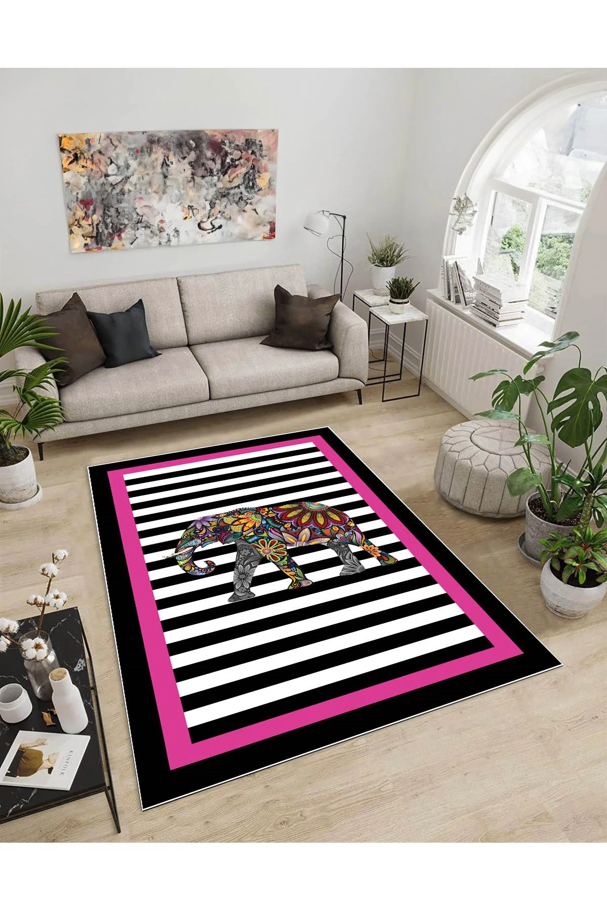 Shine M(66) Siyah Saçaksız Kaymaz Tabanlı Dijital Baskılı Dekoratif Halı 160x160