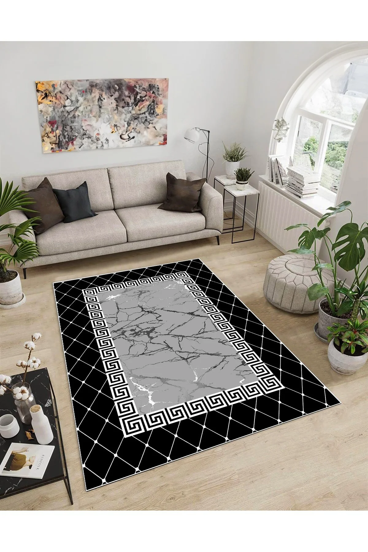 Shine M(69) Siyah Saçaksız Kaymaz Tabanlı Dijital Baskılı Dekoratif Halı 180x250