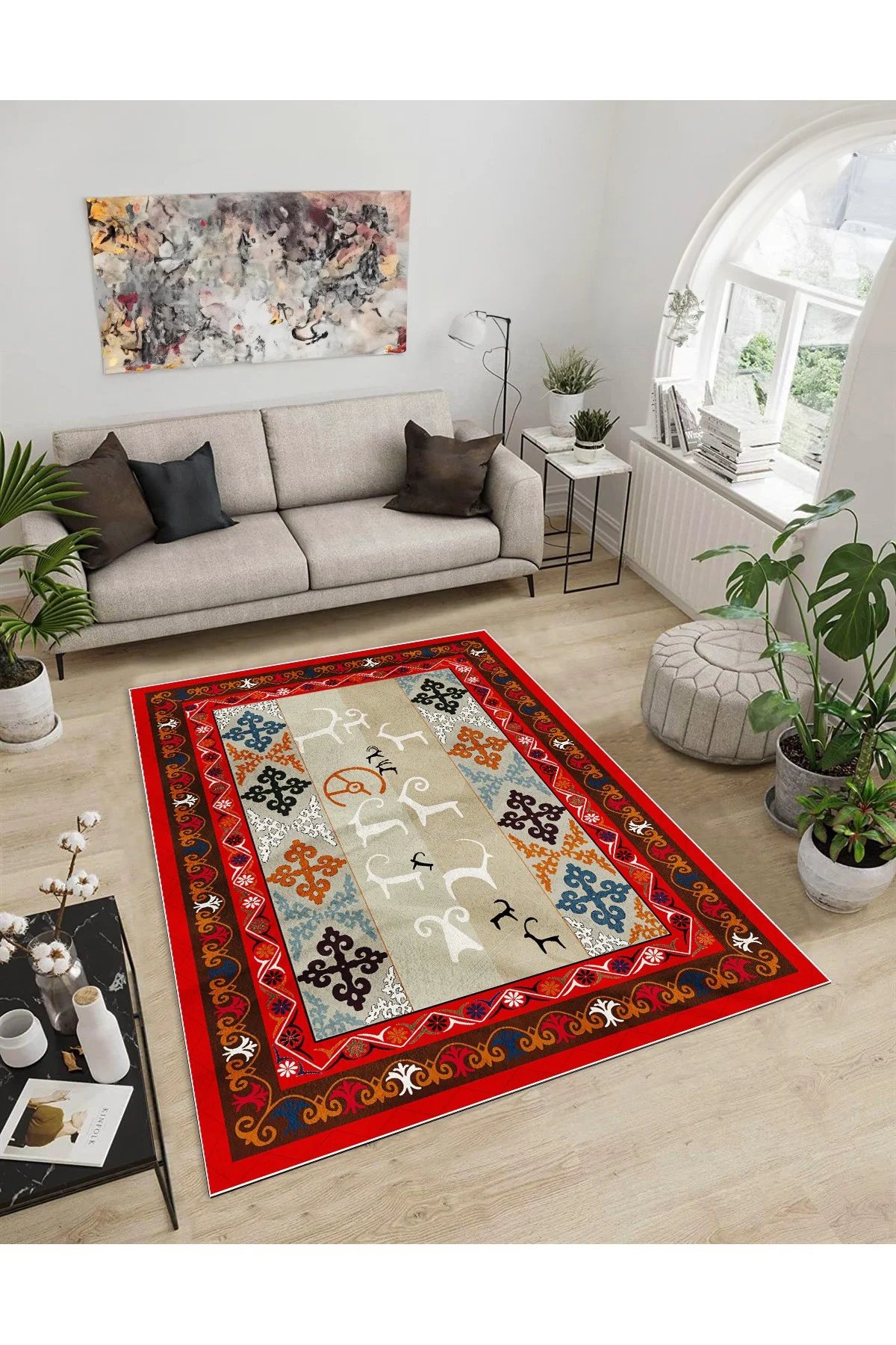 Shine M(7) Kırmızı Saçaksız Kaymaz Tabanlı Dijital Baskılı Dekoratif Halı 200x200