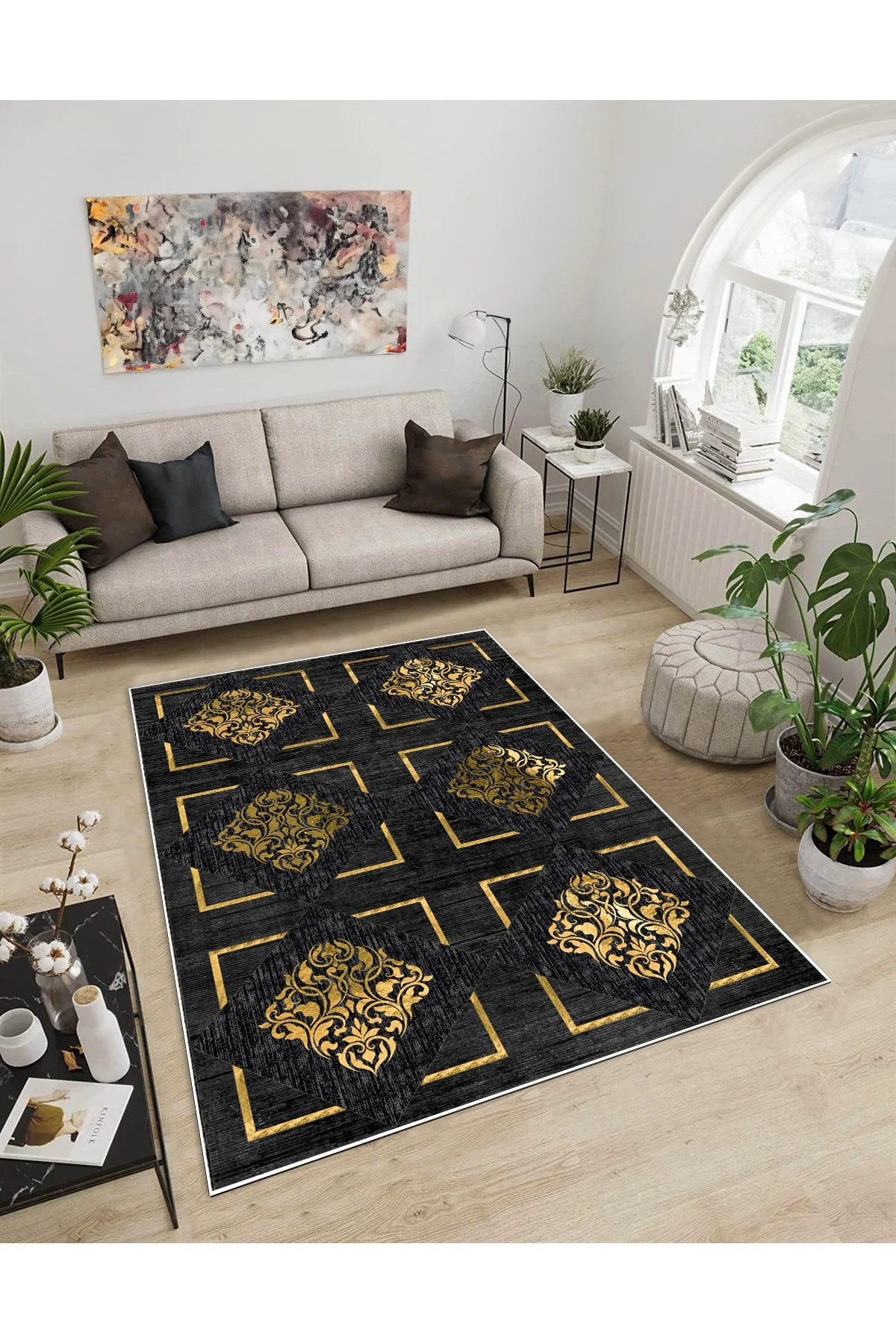 Shine M(71) Gold Saçaksız Kaymaz Tabanlı Dijital Baskılı Dekoratif Halı 120x350