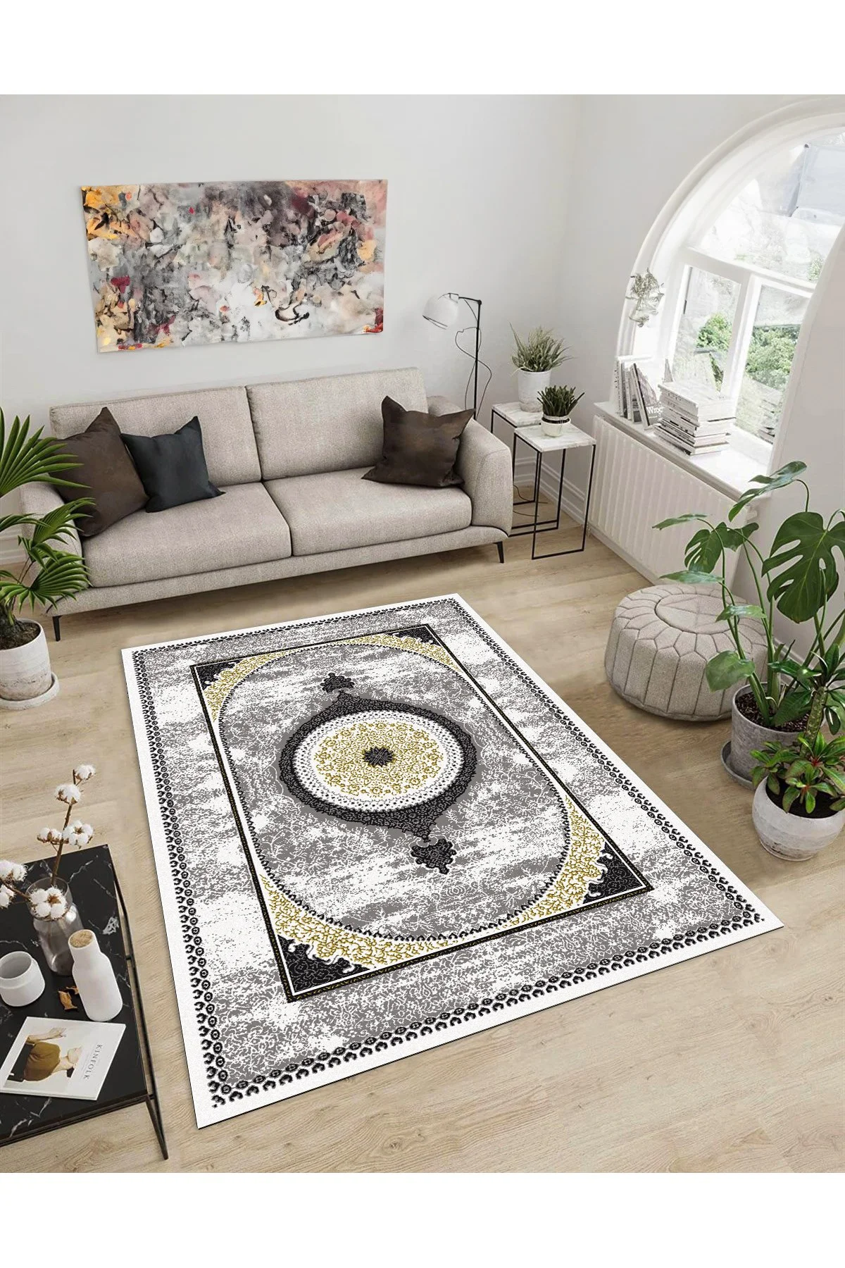 Shine M(73) Bej Saçaksız Kaymaz Tabanlı Dijital Baskılı Dekoratif Halı 200x200