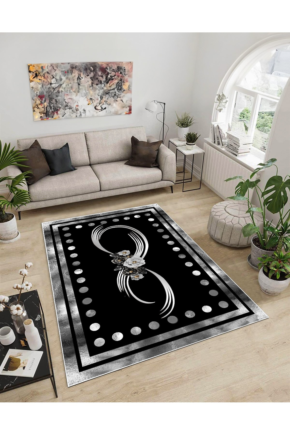 Shine M(74) Siyah Saçaksız Kaymaz Tabanlı Dijital Baskılı Dekoratif Halı 60x450