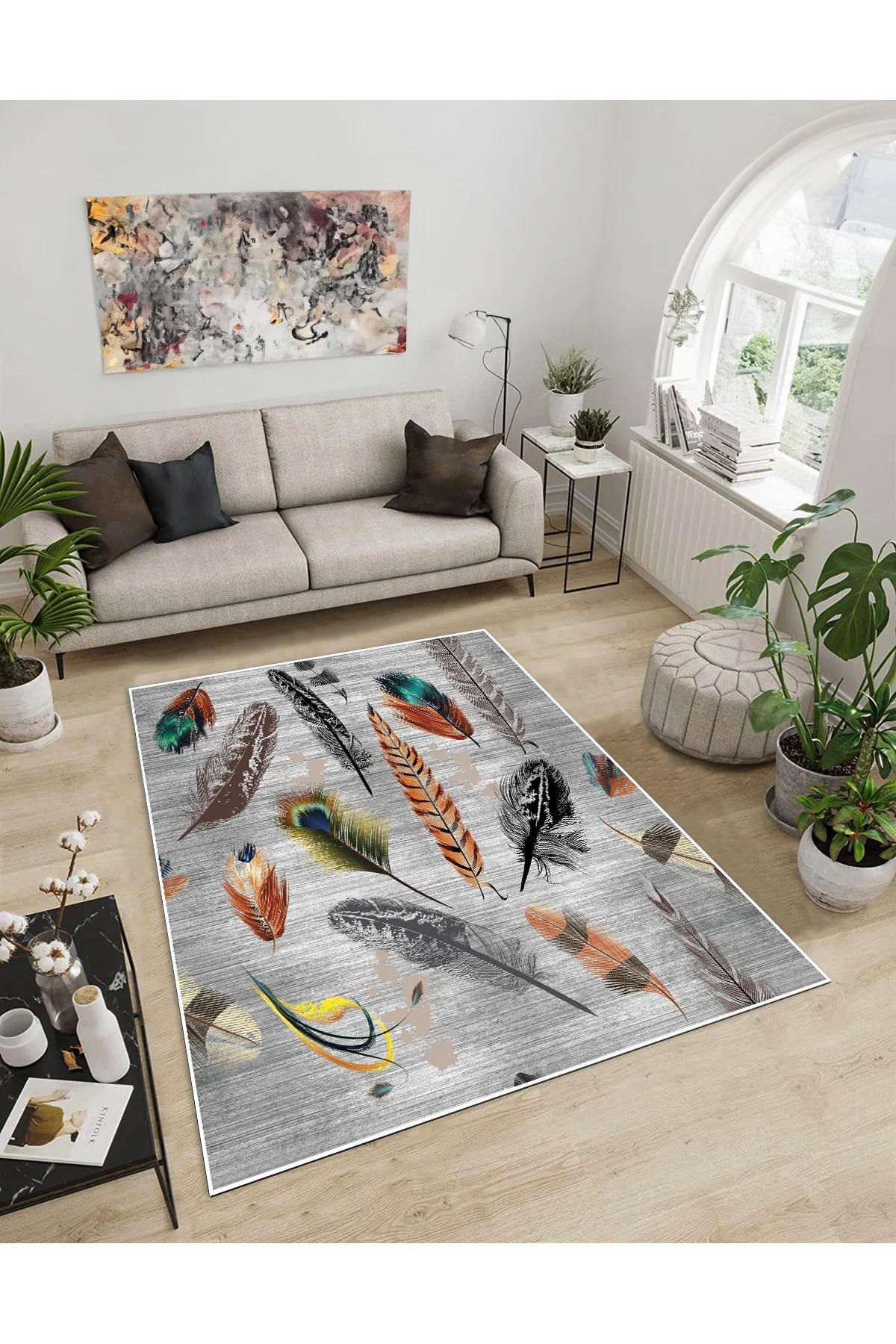 Shine M(76) Gri Saçaksız Kaymaz Tabanlı Dijital Baskılı Dekoratif Halı 200x300