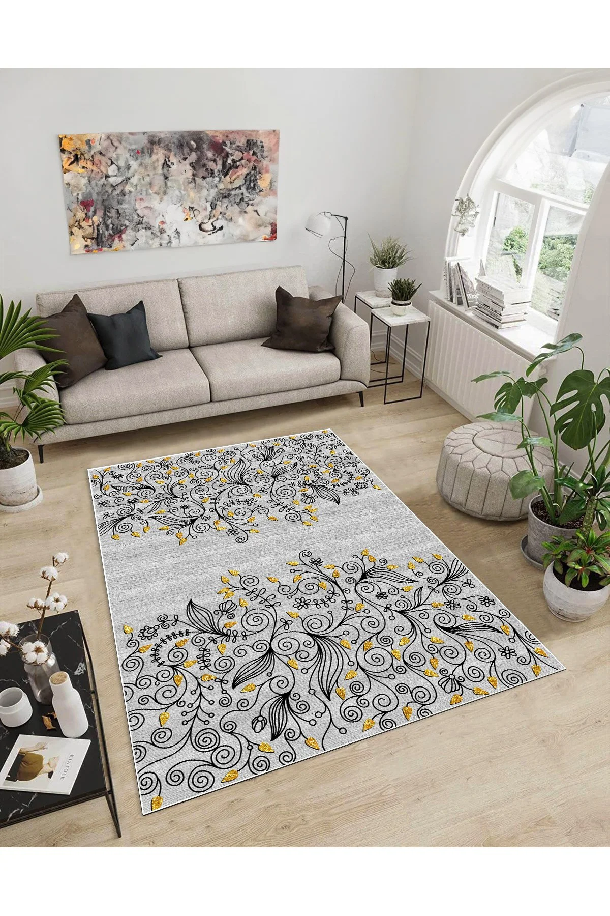 Shine M(78) Gri Saçaksız Kaymaz Tabanlı Dijital Baskılı Dekoratif Halı 180x180