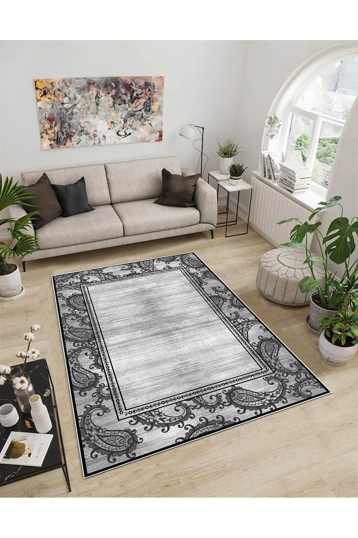Shine M(8) Gri Saçaksız Kaymaz Tabanlı Dijital Baskılı Dekoratif Halı 200x350