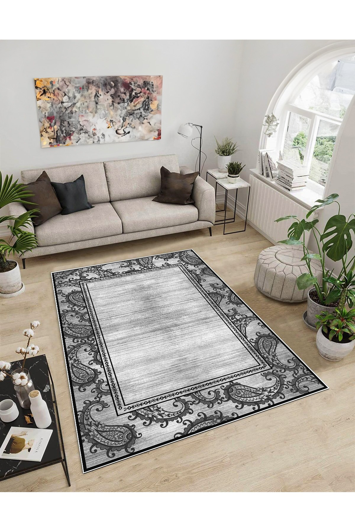 Shine M(8) Gri Saçaksız Kaymaz Tabanlı Dijital Baskılı Dekoratif Halı 60x250