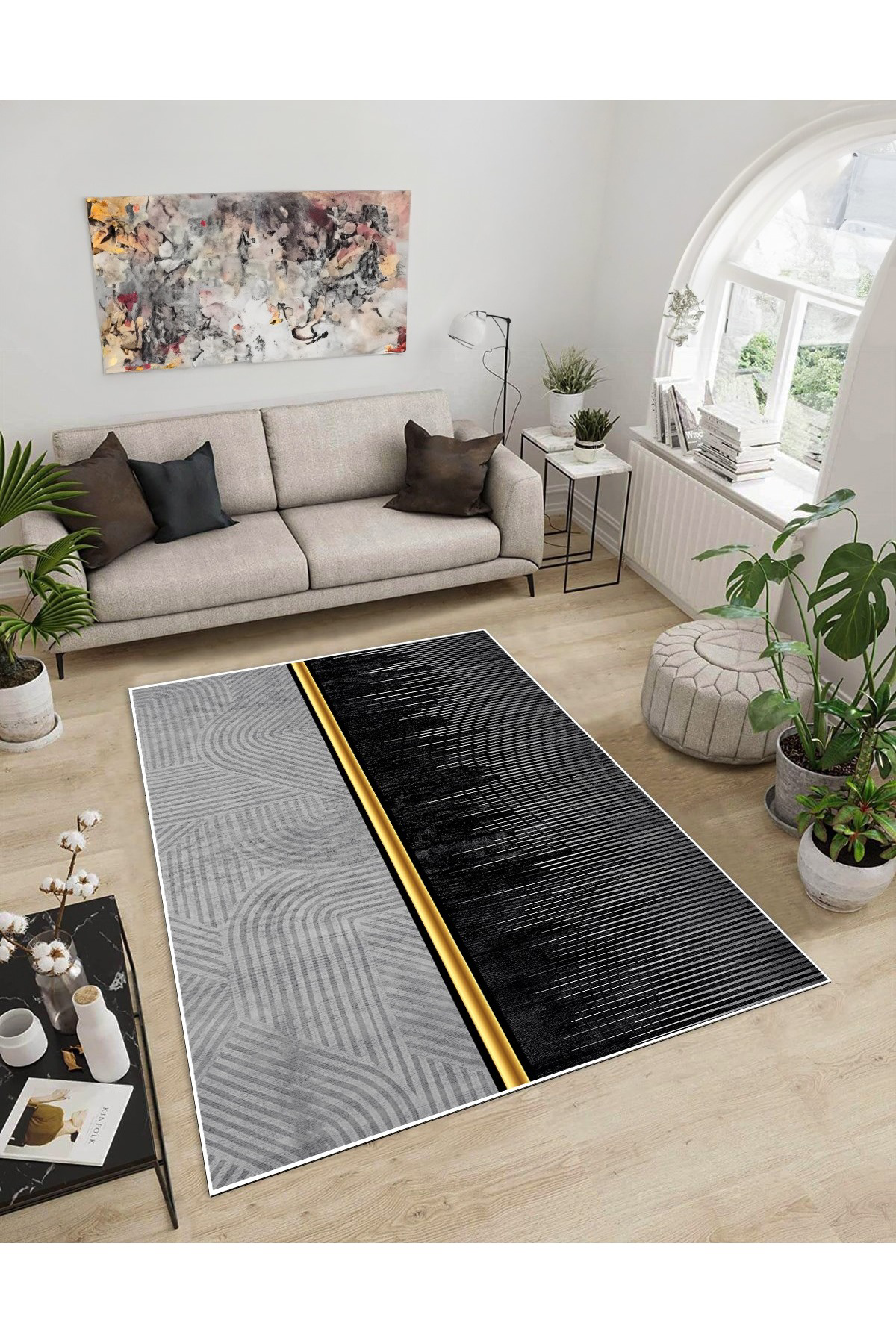 Shine M(83) Gri Saçaksız Kaymaz Tabanlı Dijital Baskılı Dekoratif Halı 180x350