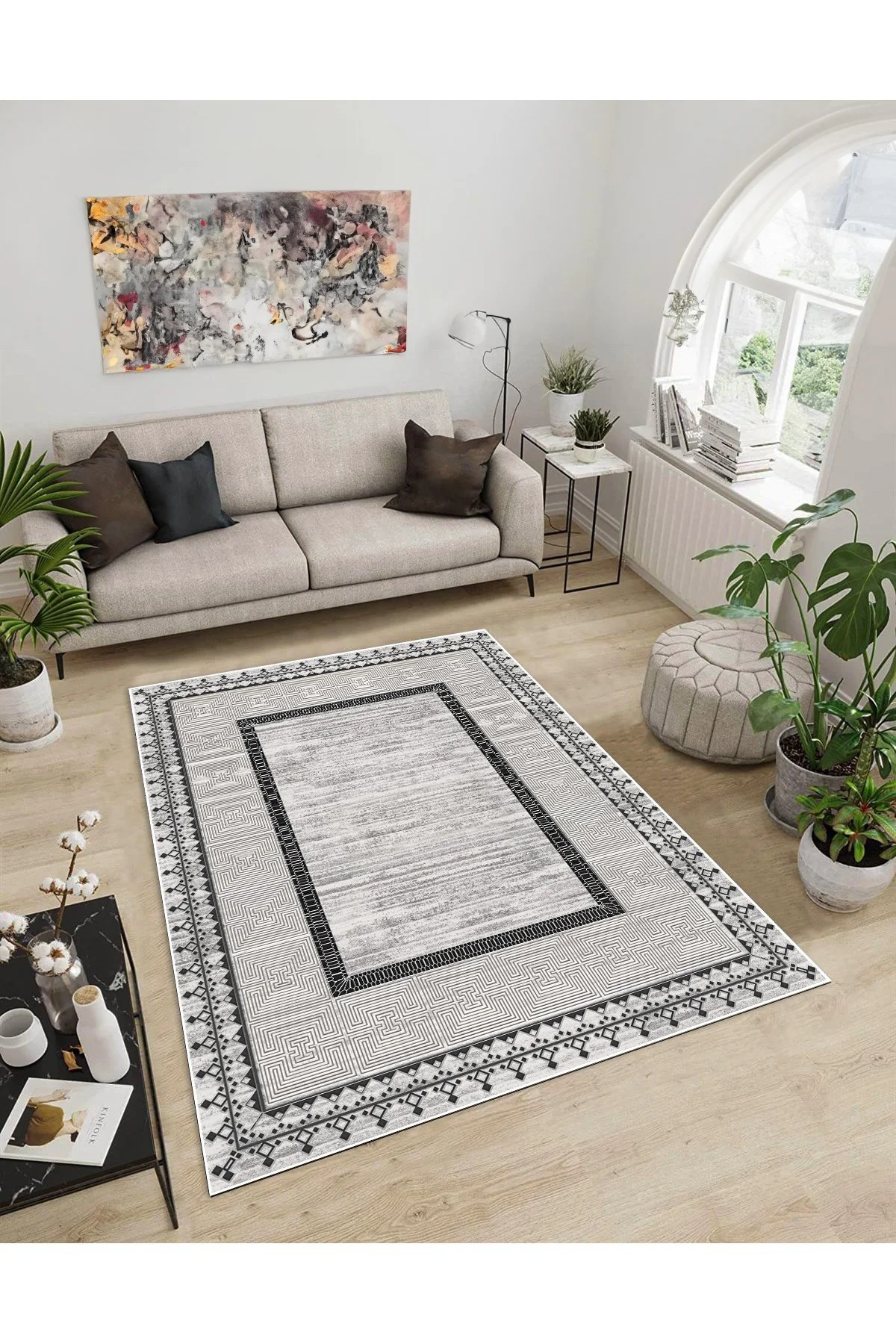 Shine M(86) Gri Saçaksız Kaymaz Tabanlı Dijital Baskılı Dekoratif Halı 200x350