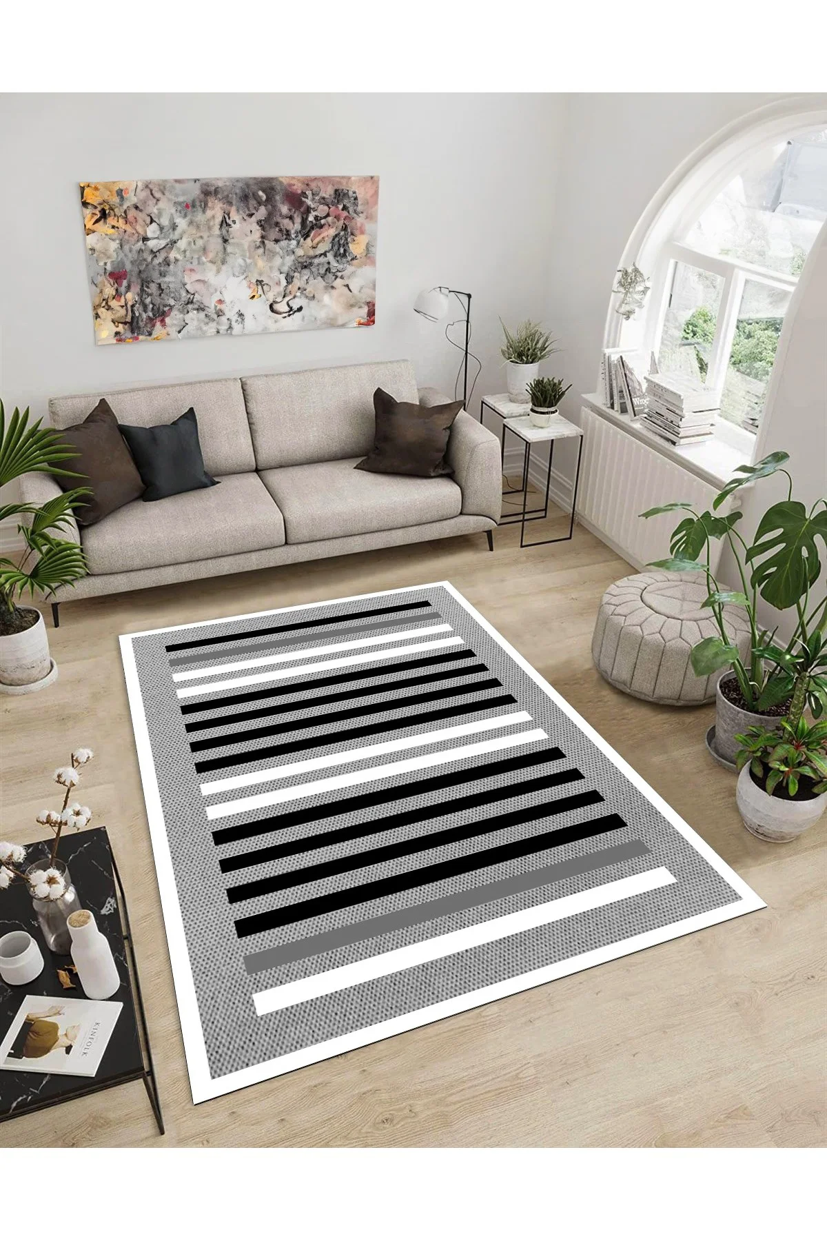 Shine M(89) Gri Saçaksız Kaymaz Tabanlı Dijital Baskılı Dekoratif Halı 120x250