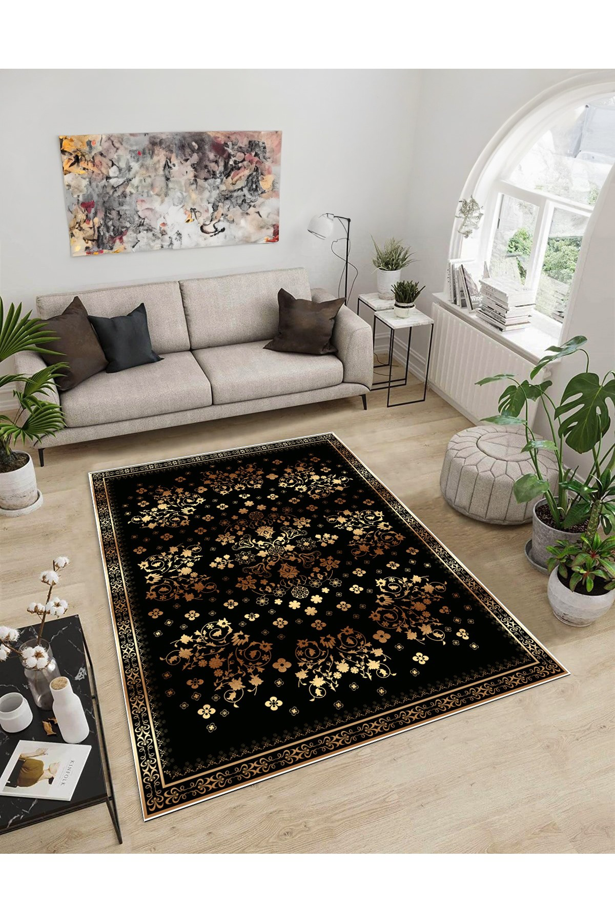 Shine M(90) Siyah Saçaksız Kaymaz Tabanlı Dijital Baskılı Dekoratif Halı 80x150