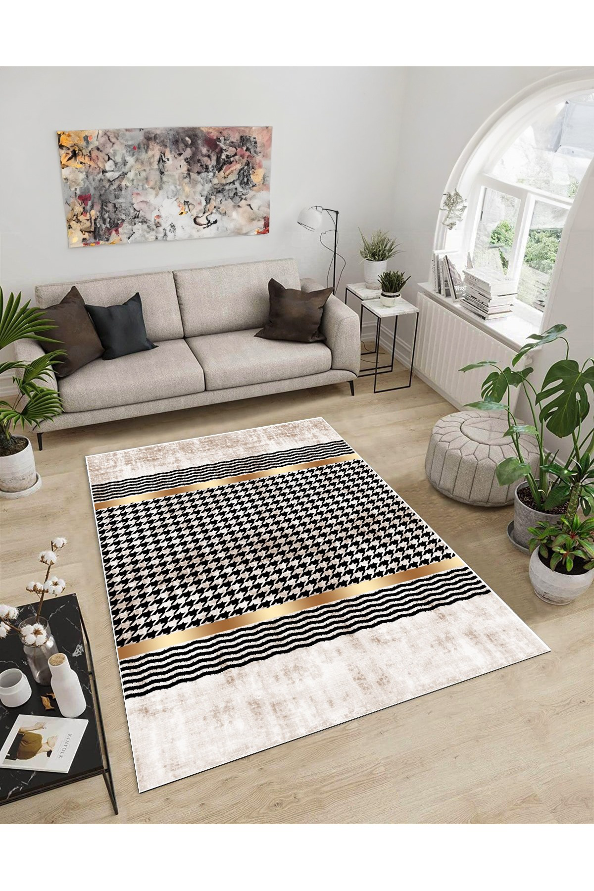 Shine M(92) Siyah Saçaksız Kaymaz Tabanlı Dijital Baskılı Dekoratif Halı 120x300
