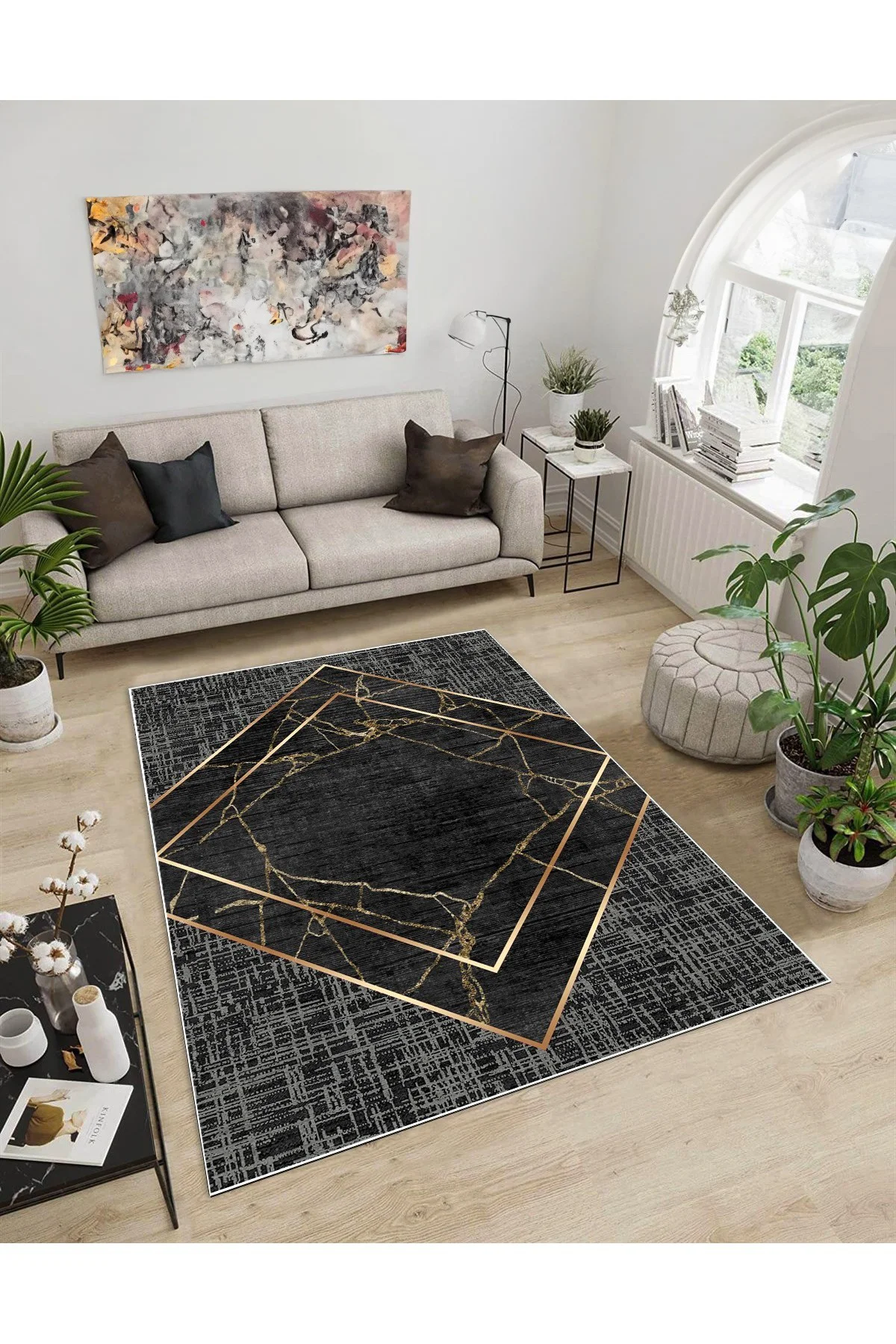 Shine M(94) Antrasit Saçaksız Kaymaz Tabanlı Dijital Baskılı Dekoratif Halı 200x300
