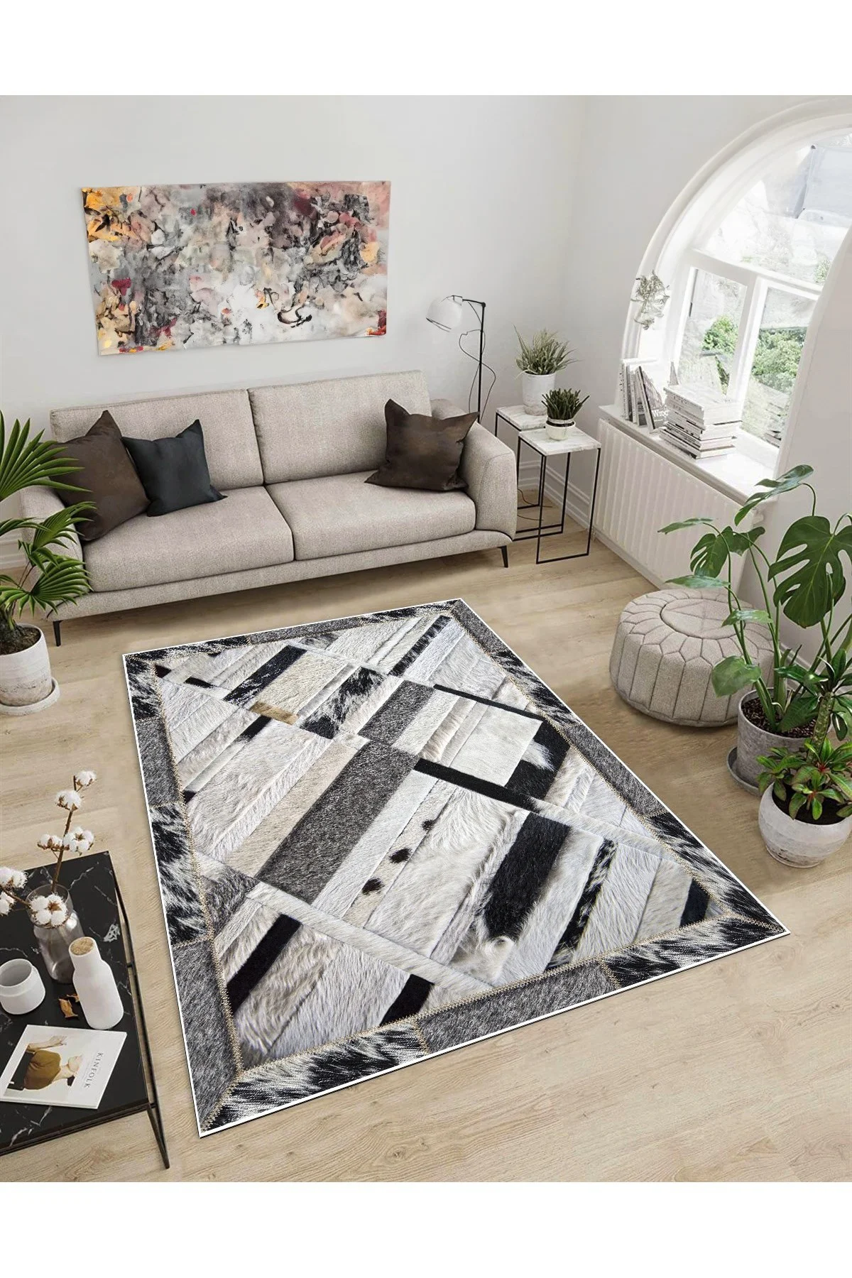 Shine M(98) Beyaz Saçaksız Kaymaz Tabanlı Dijital Baskılı Dekoratif Halı 60x300