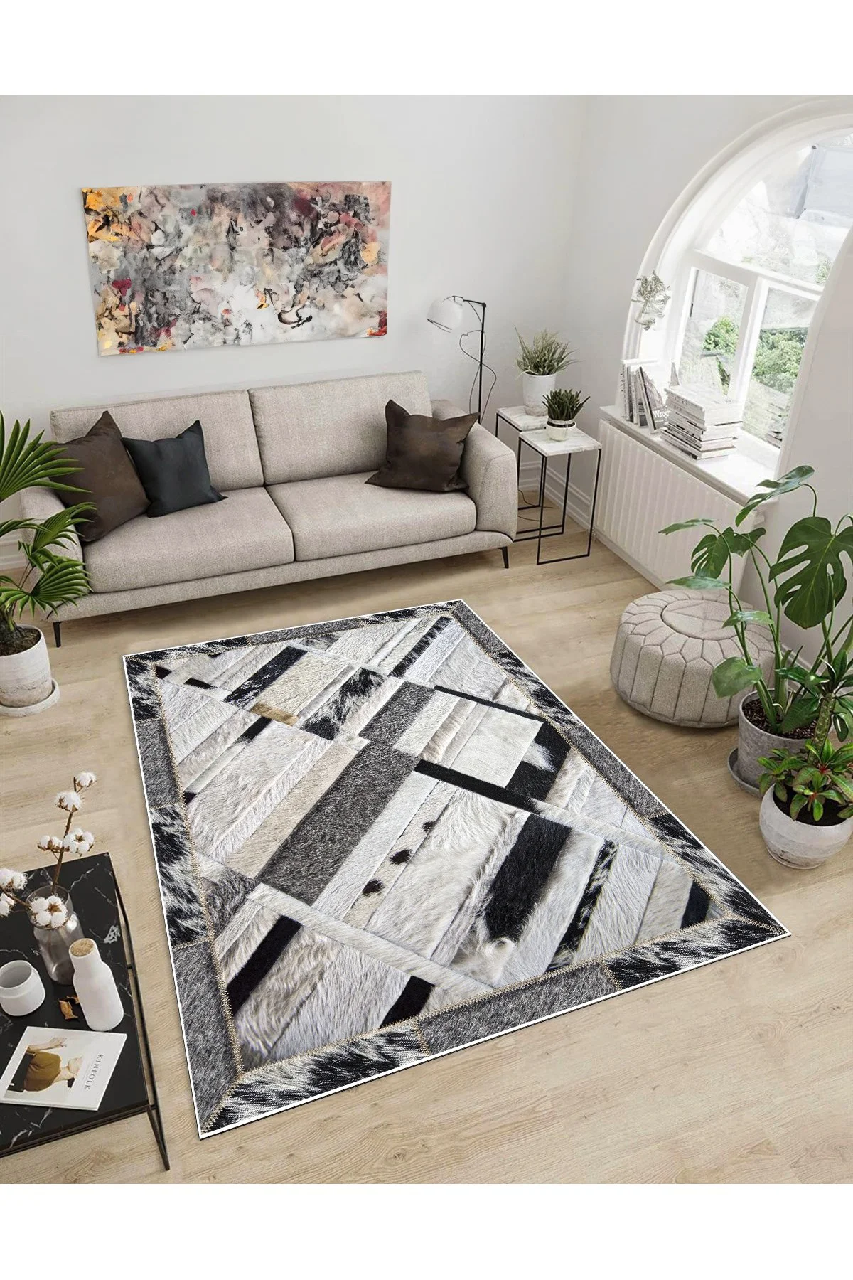 Shine M(98) Beyaz Saçaksız Kaymaz Tabanlı Dijital Baskılı Dekoratif Halı 120x500