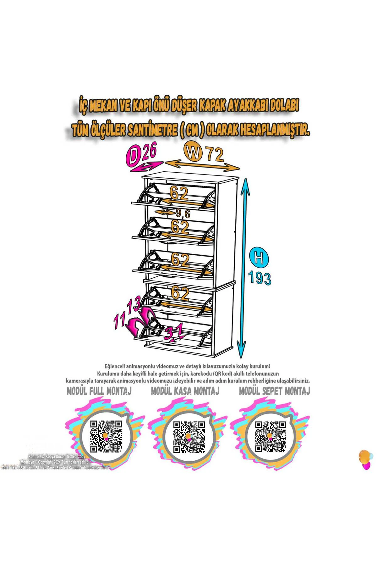 Sho Beş Düşer Kapaklı Ayakkabılık Beyaz Renk 72 cm Asma 72x193x26