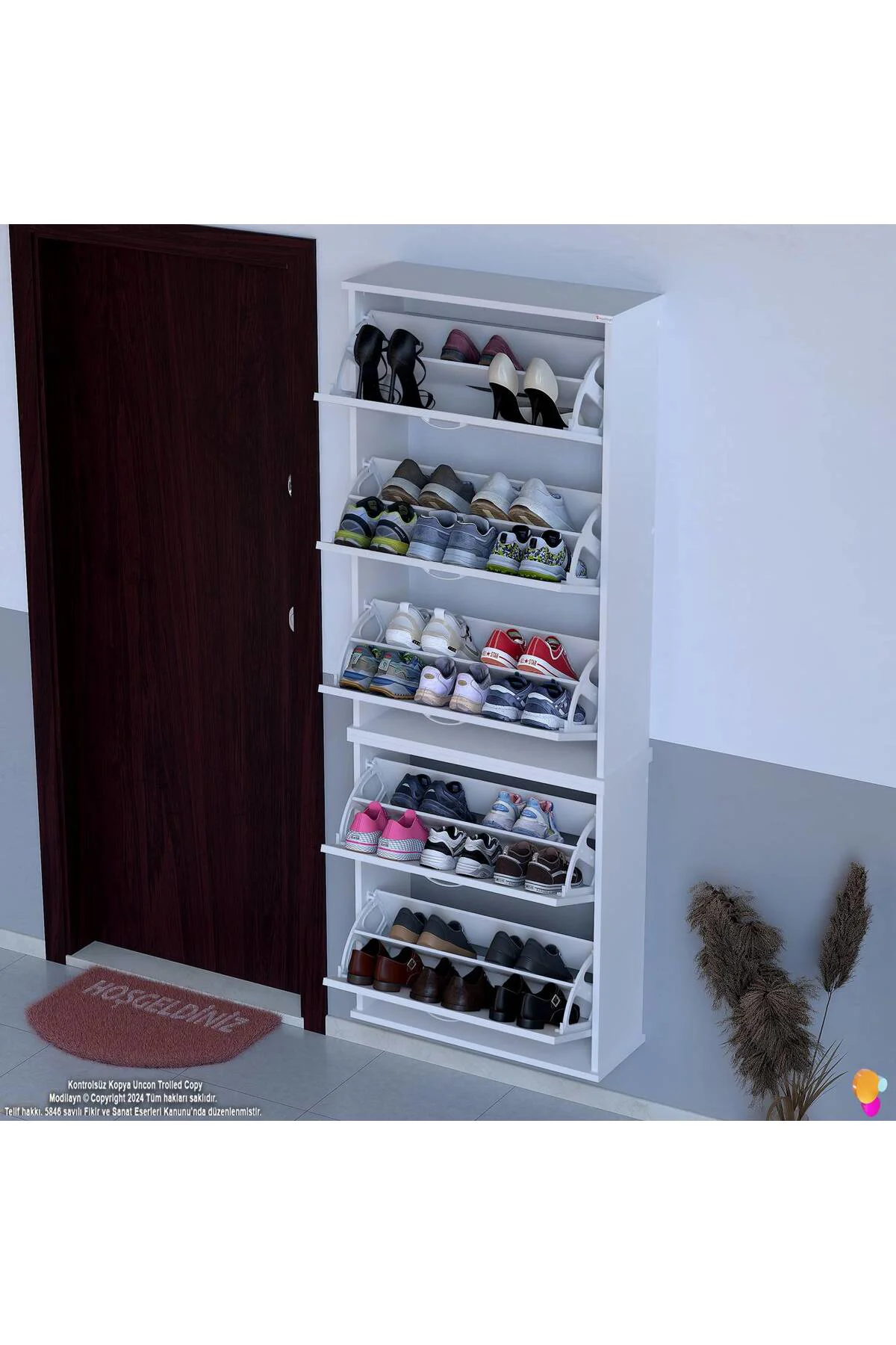 Sho Beş Düşer Kapaklı Ayakkabılık Beyaz Renk 72 cm Asma 72x193x26