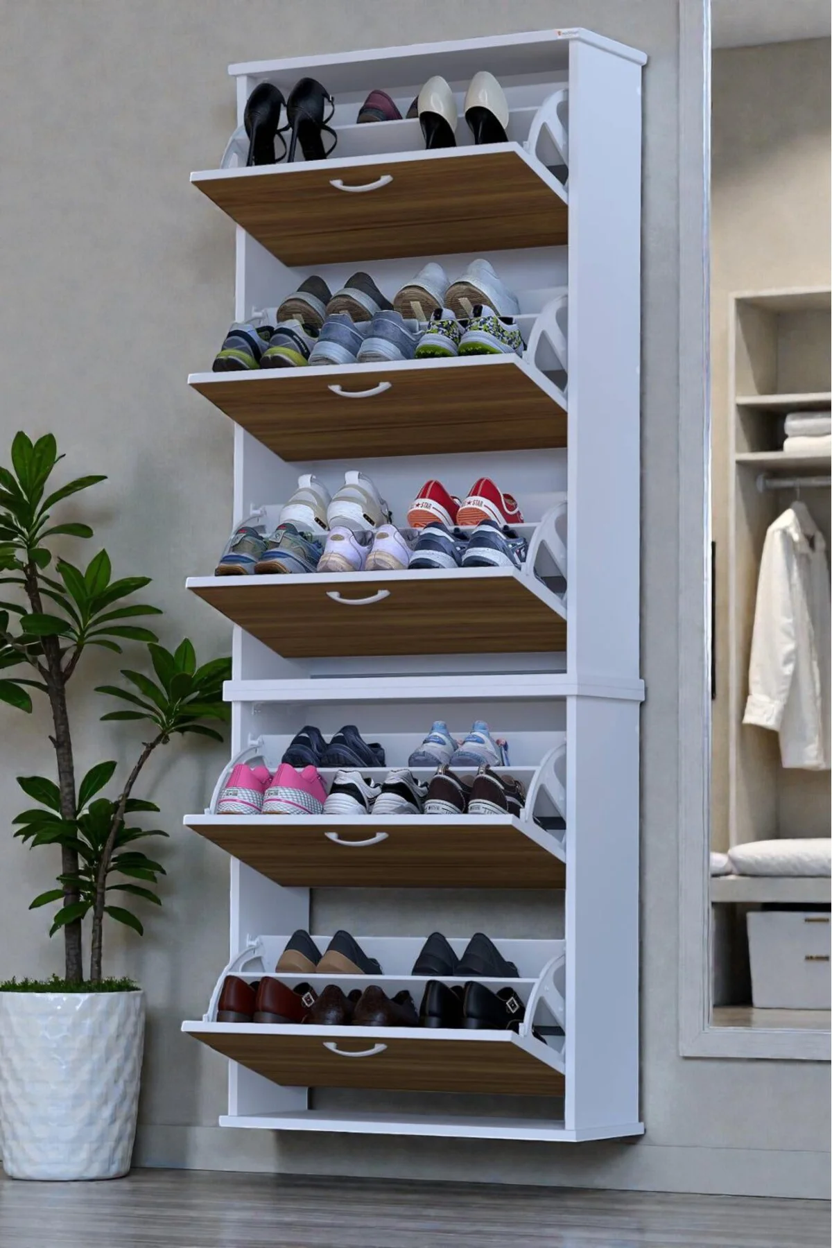 Sho Beş Düşer Kapaklı Ayakkabılık Ceviz Renk 72 cm Asma 72x193x26 Sho Beş Düşer Kapaklı Ayakkabılık Ceviz Renk 72 cm Asma 72x193x26