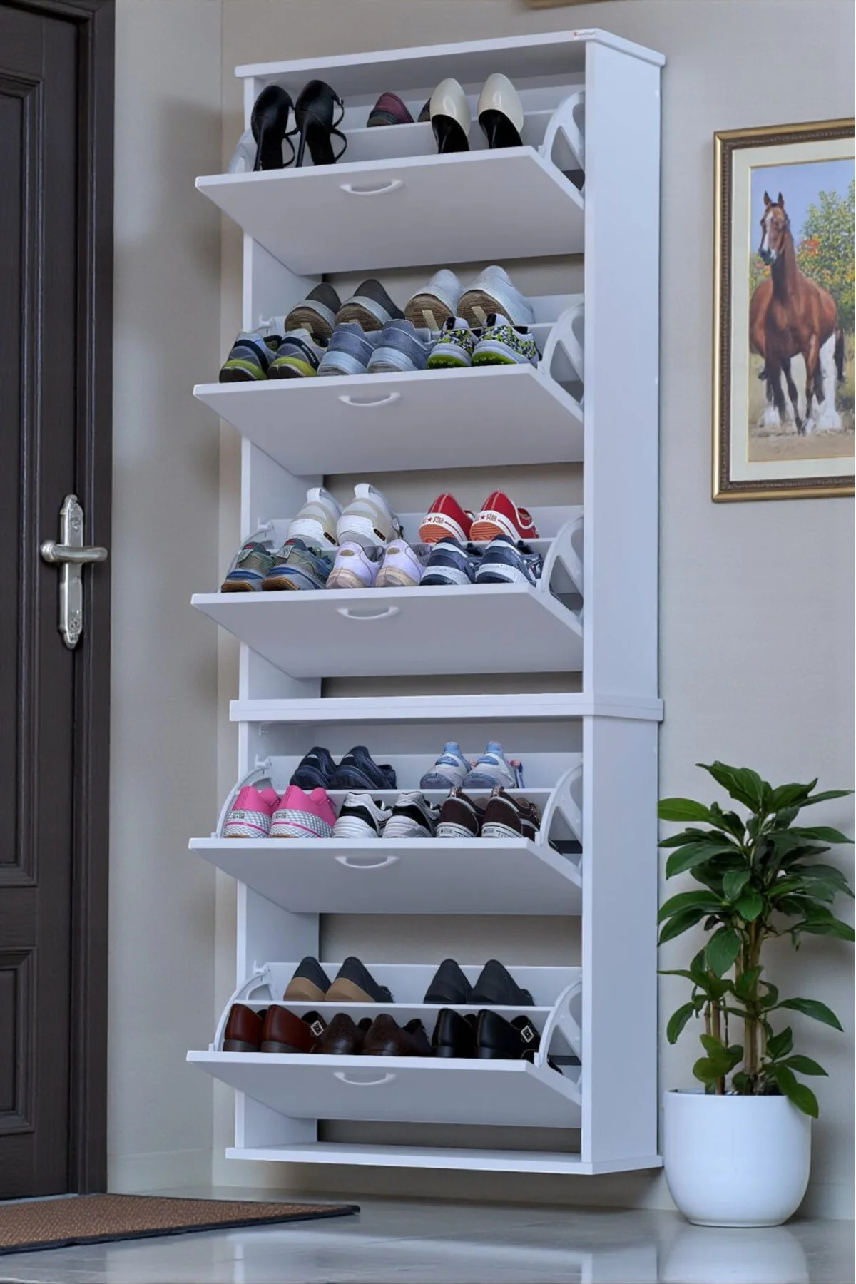 Sho Beş Düşer Kapaklı Ayakkabılık Beyaz Renk 72 cm Asma 72x193x26