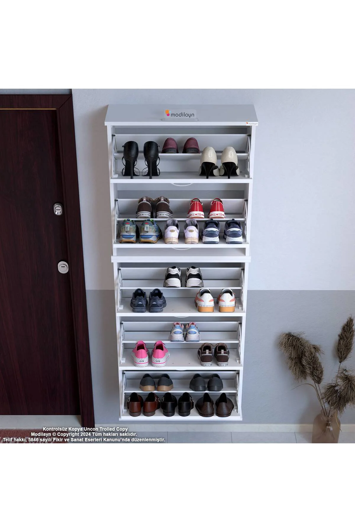 Sho Beş Düşer Kapaklı Ayakkabılık Beyaz Renk 72 cm Asma 72x193x26