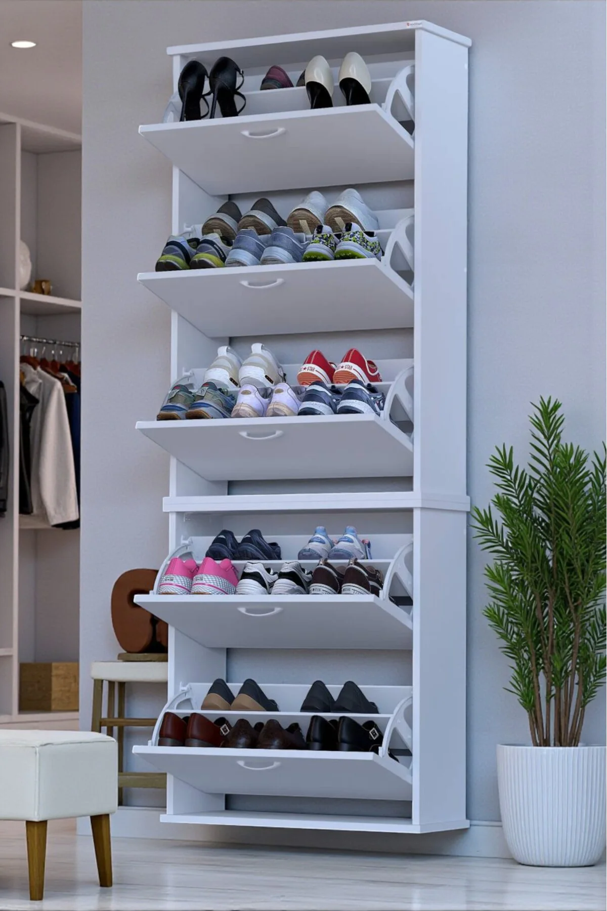 Sho Beş Düşer Kapaklı Ayakkabılık Beyaz Renk 72 cm Asma 72x193x26