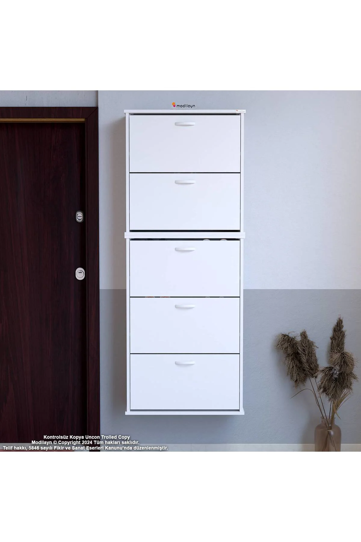 Sho Beş Düşer Kapaklı Ayakkabılık Beyaz Renk 72 cm Asma 72x193x26