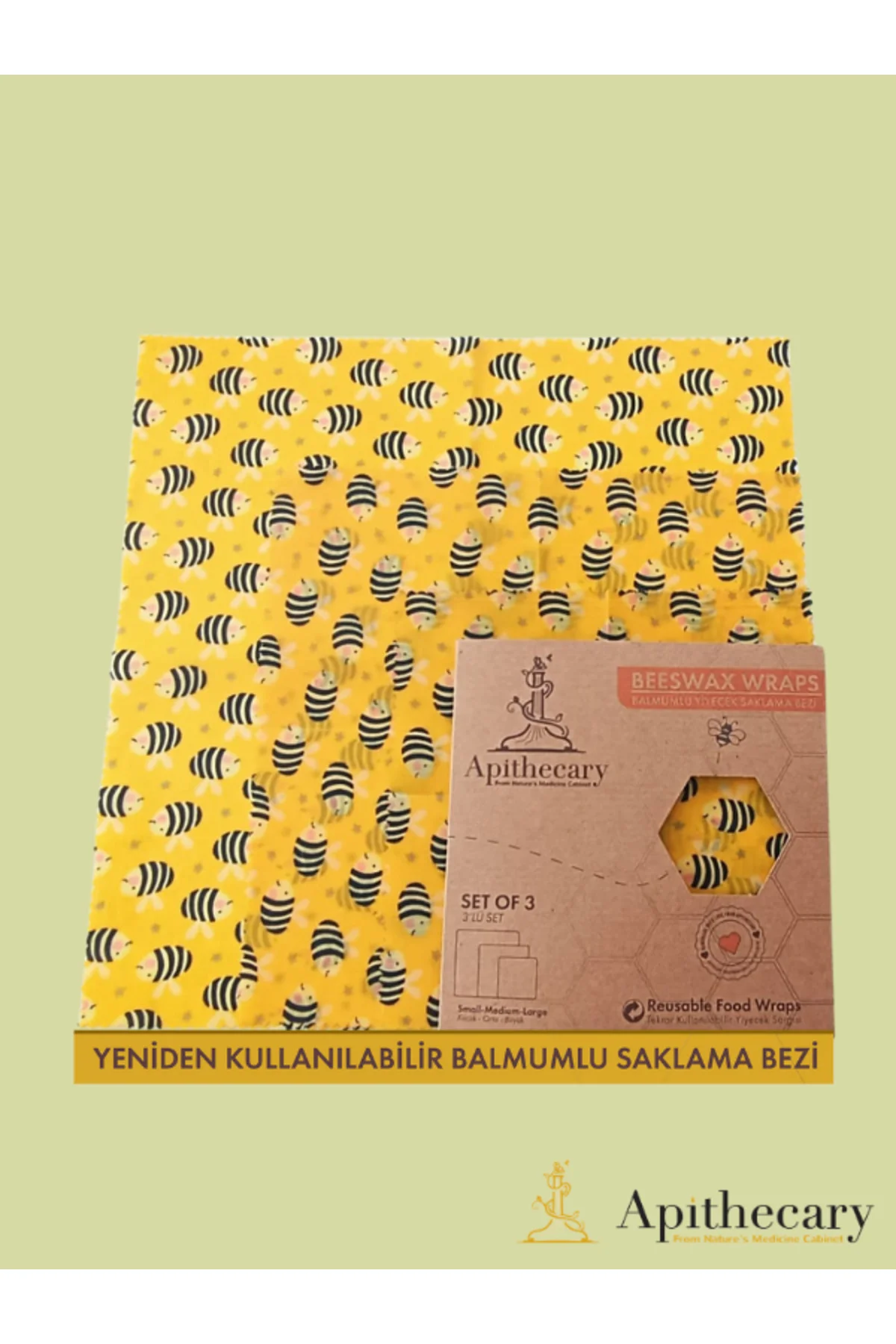 Shopexxtra Arı Desenli Balmumlu Çok Amaçlı Gıda Saklama Bezi (Büyük-Orta-Küçük) 3'lü Set