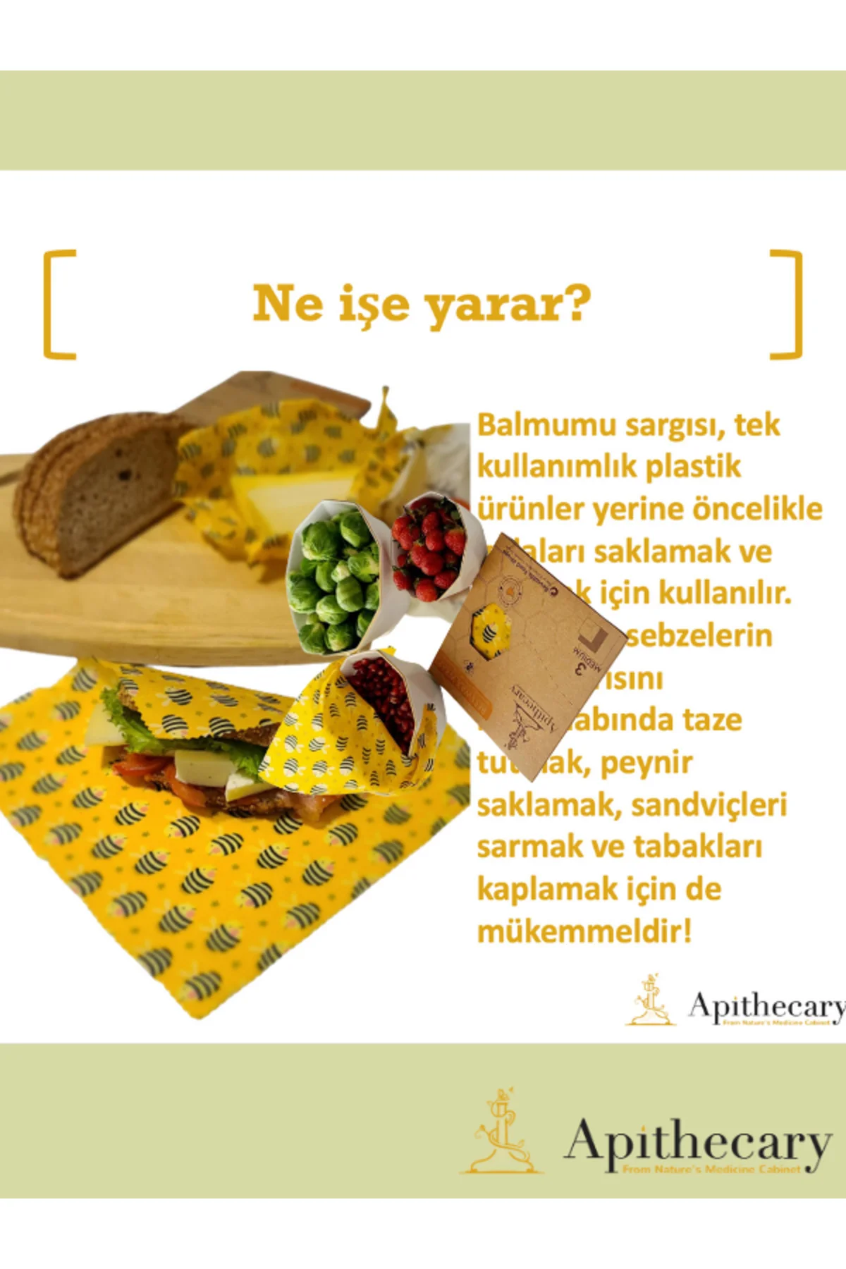Shopexxtra Arı Desenli Balmumlu Çok Amaçlı Gıda Saklama Bezi (Büyük-Orta-Küçük) 3'lü Set