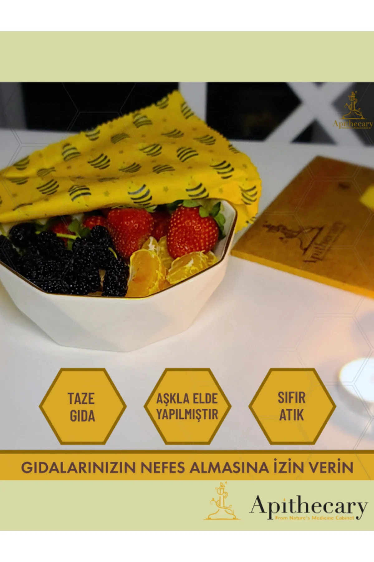 Shopexxtra Arı Desenli Balmumlu Çok Amaçlı Gıda Saklama Bezi (Büyük-Orta-Küçük) 3'lü Set