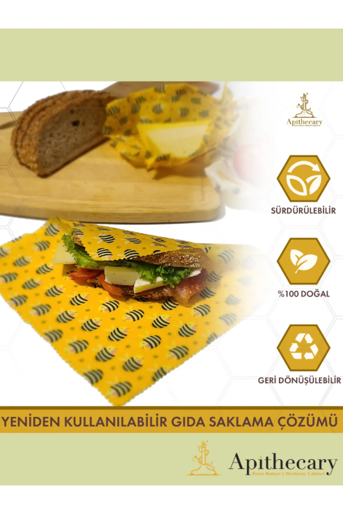 Shopexxtra Arı Desenli Balmumlu Çok Amaçlı Gıda Saklama Bezi (Büyük-Orta-Küçük) 3'lü Set