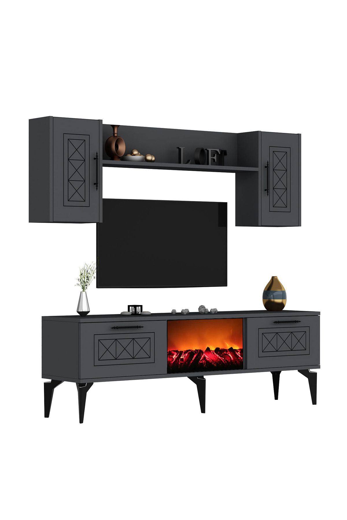 Demontedekor Shumen Şömineli Tv Ünitesi Antrasit-Gümüş