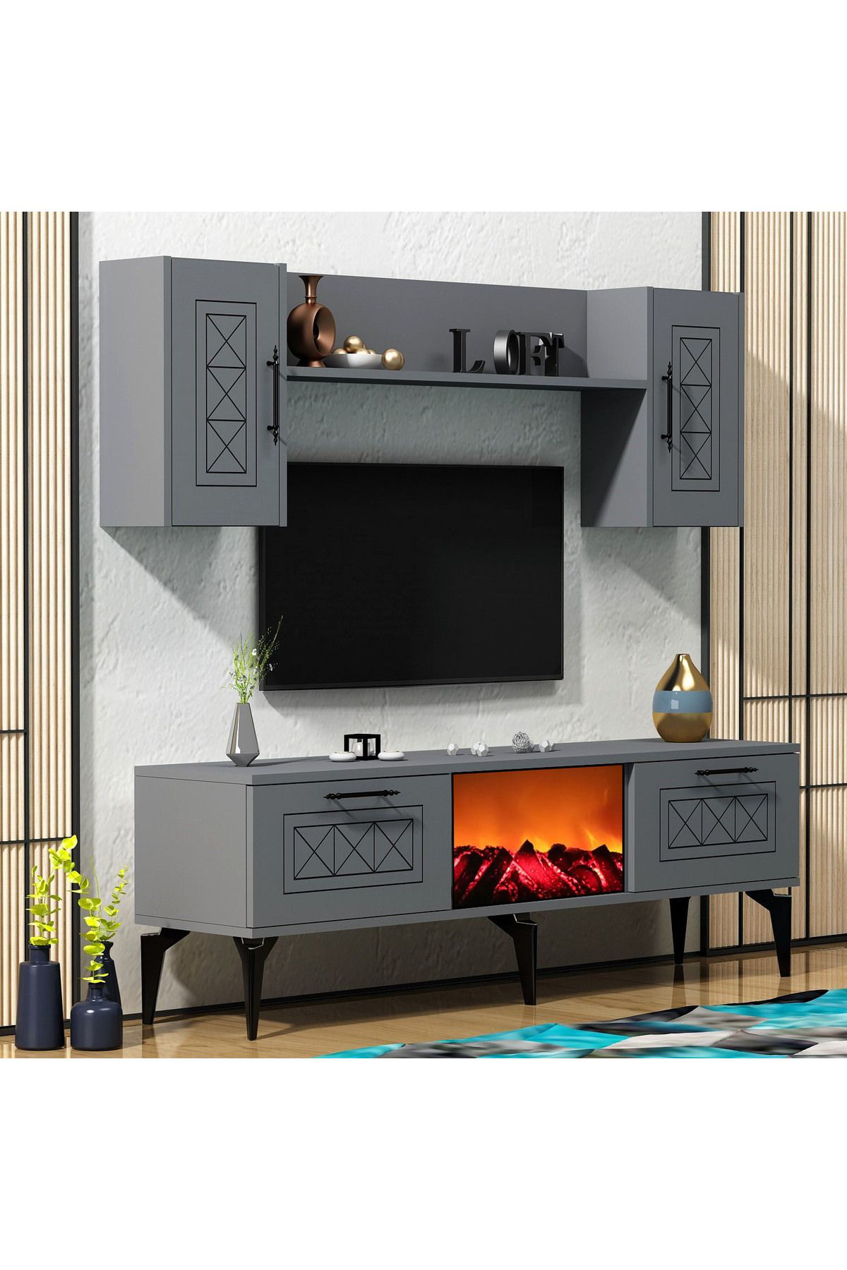 Demontedekor Shumen Şömineli Tv Ünitesi Antrasit-Gümüş