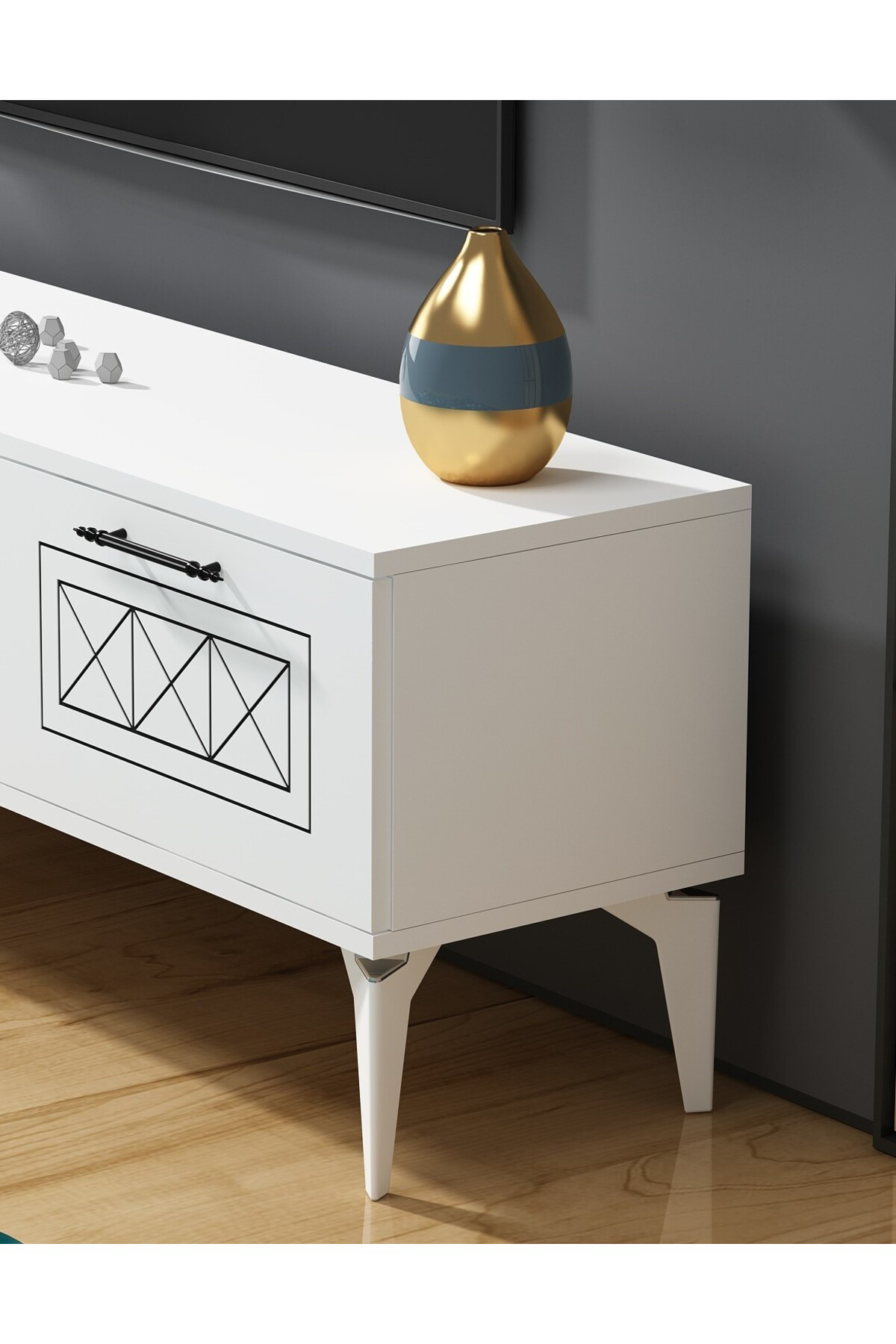 Demontedekor Shumendh Şömineli Tv Sehpası Beyaz-Gümüş