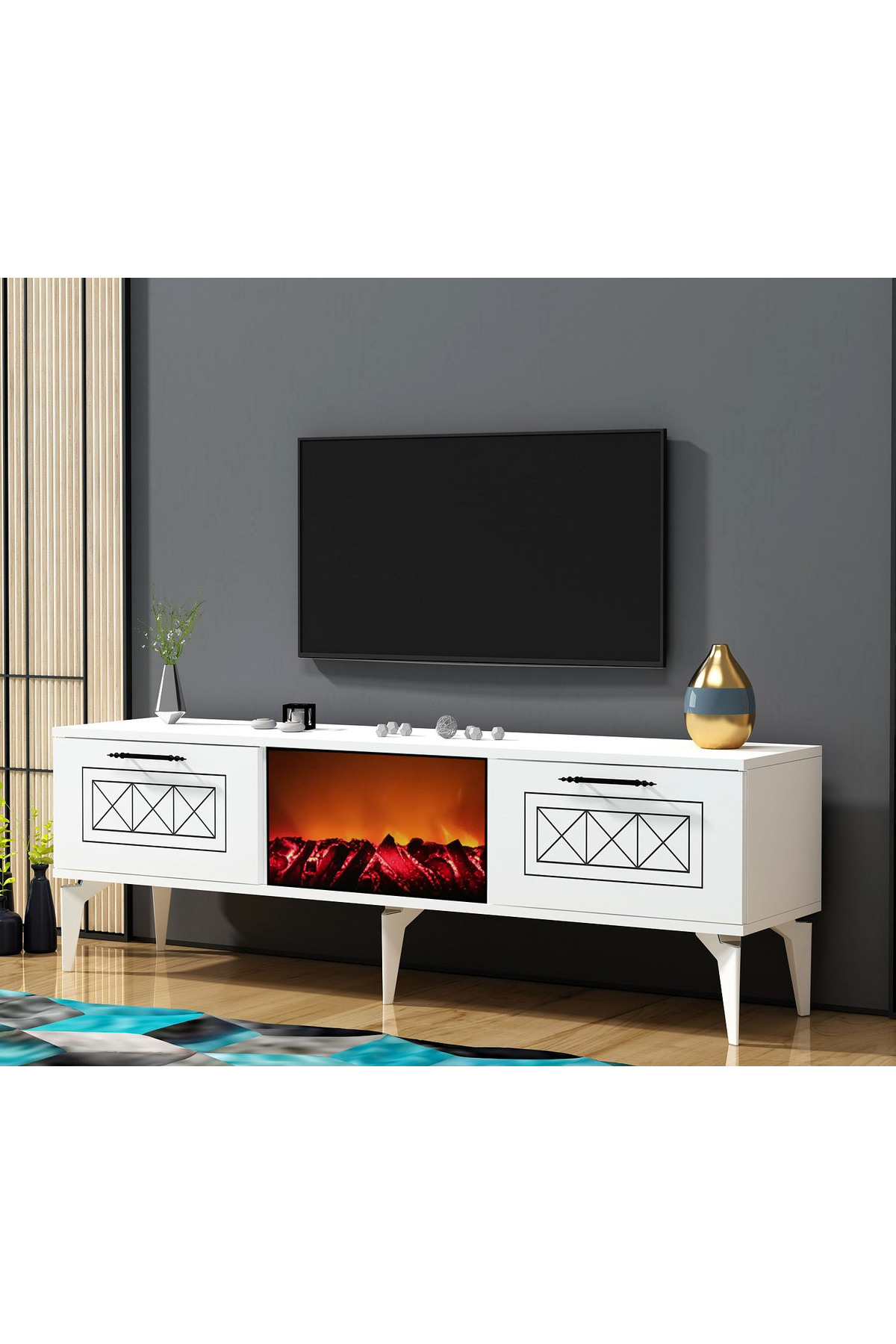 Demontedekor Shumendh Şömineli Tv Sehpası Beyaz-Gümüş