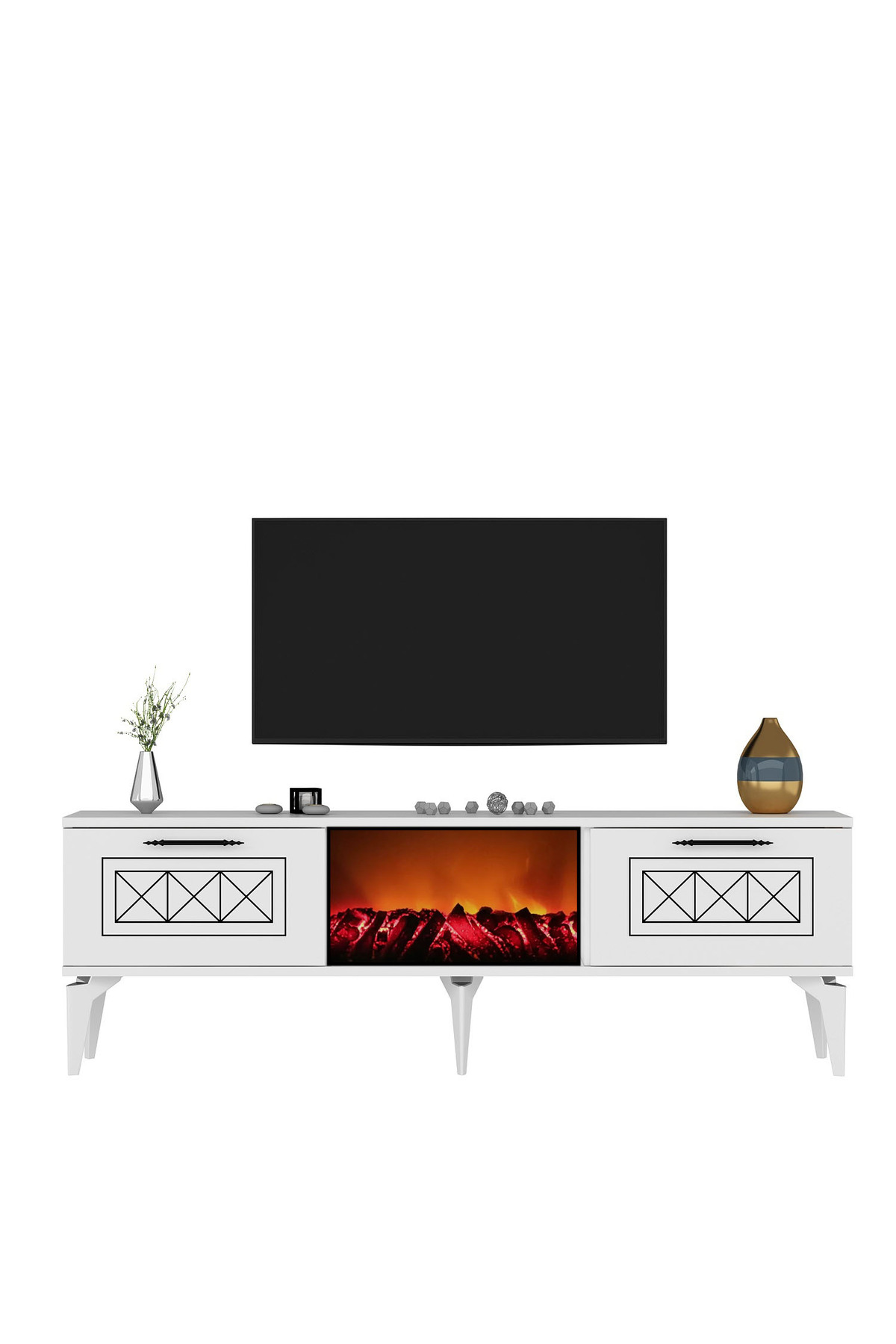 Demontedekor Shumendh Şömineli Tv Sehpası Beyaz-Gümüş