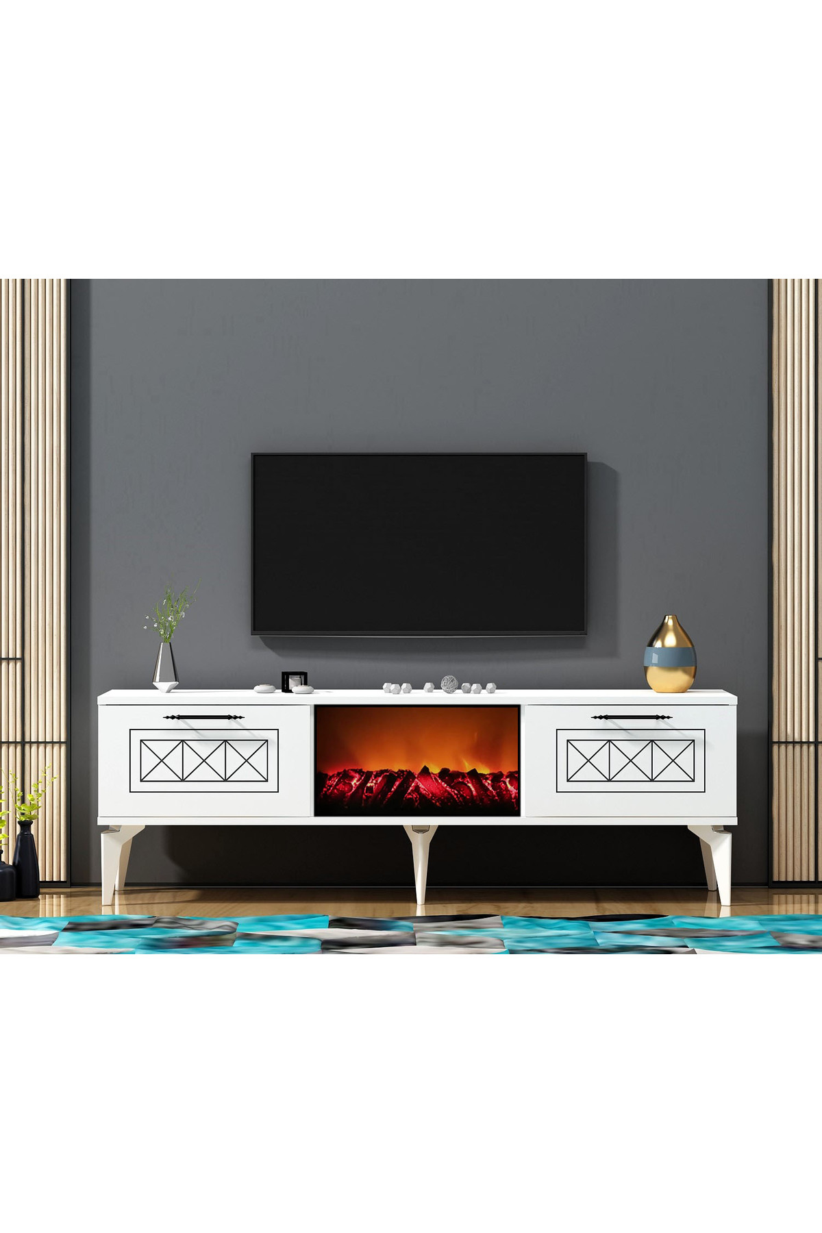 Demontedekor Shumendh Şömineli Tv Sehpası Beyaz-Gümüş