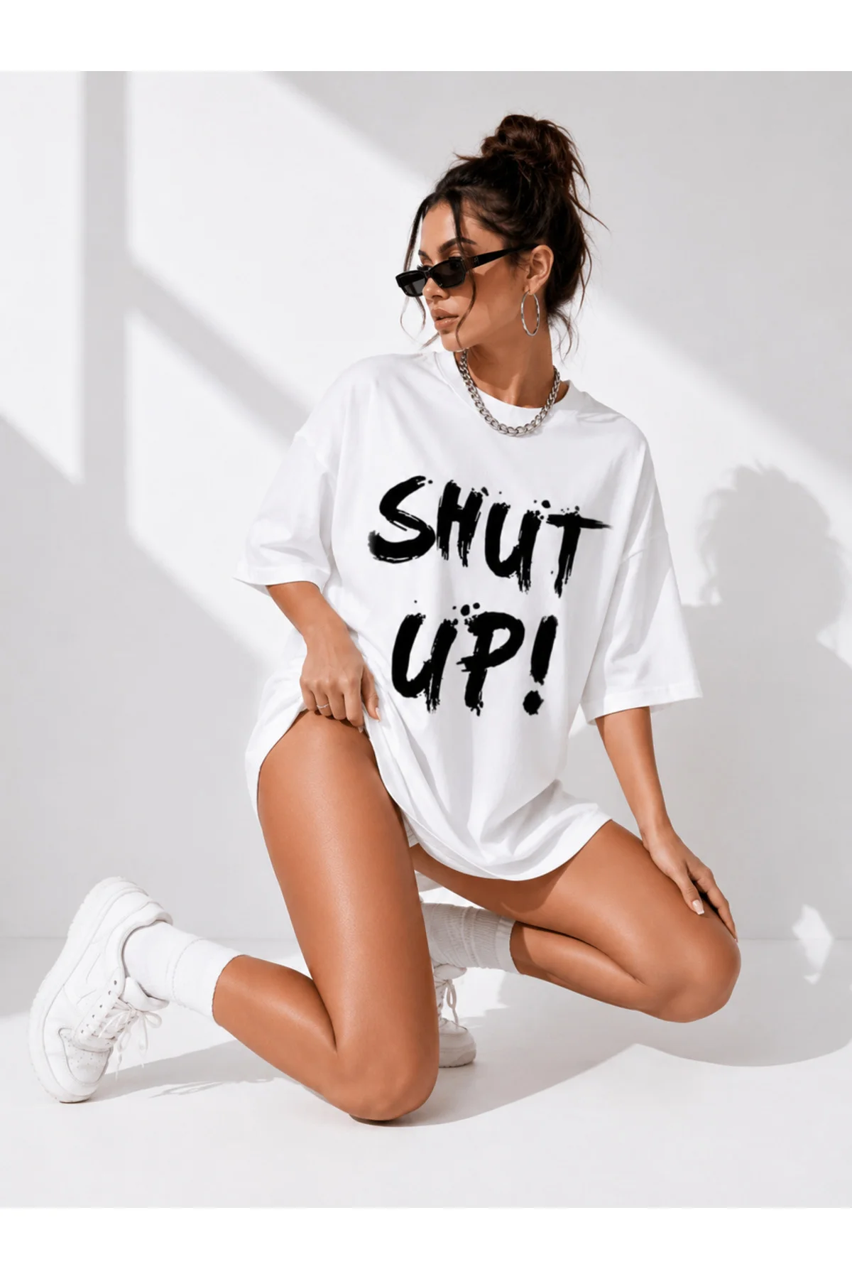 Shut up baskılı kadın beyaz tişört Oversize T-shirt