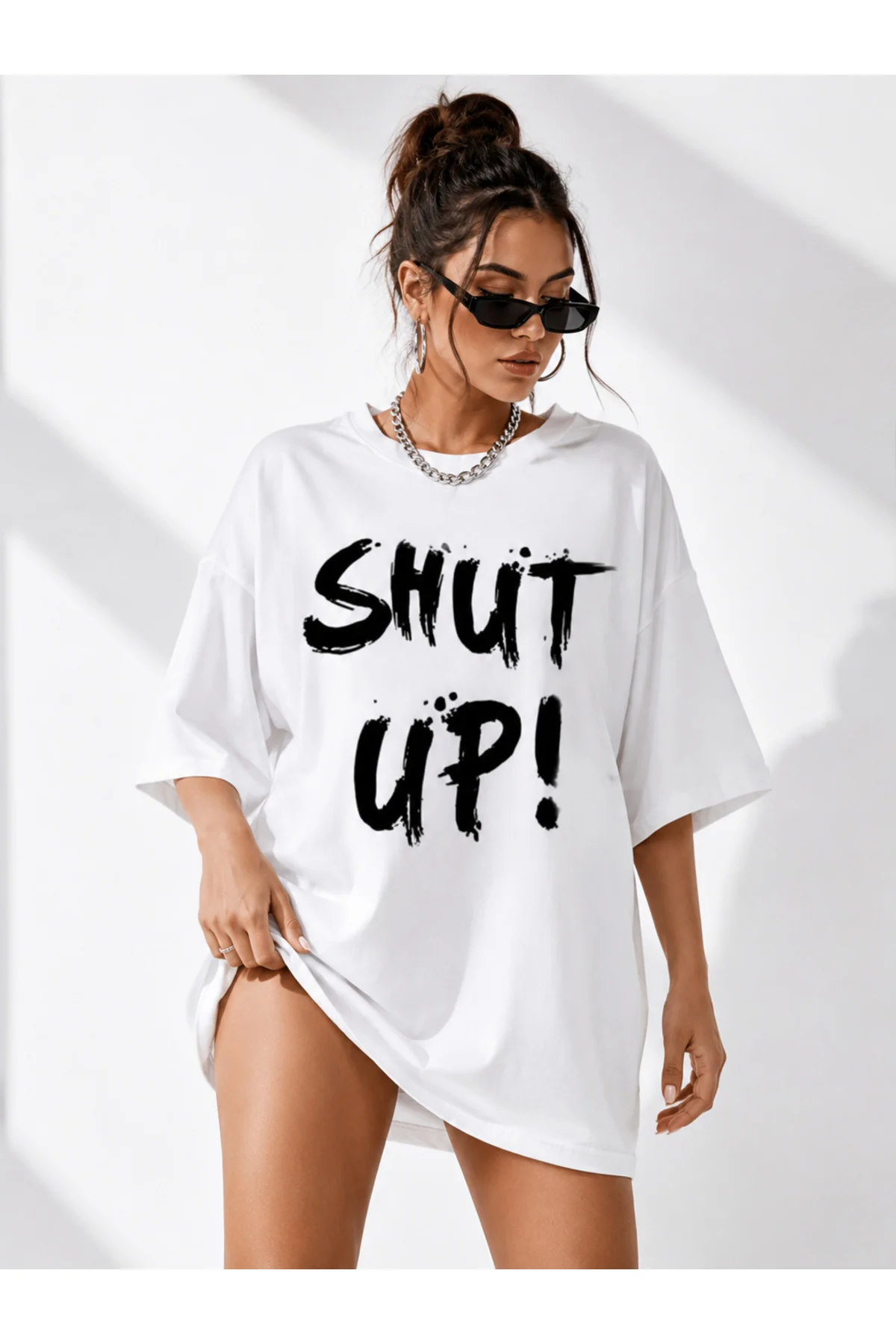 Shut up baskılı kadın beyaz tişört Oversize T-shirt
