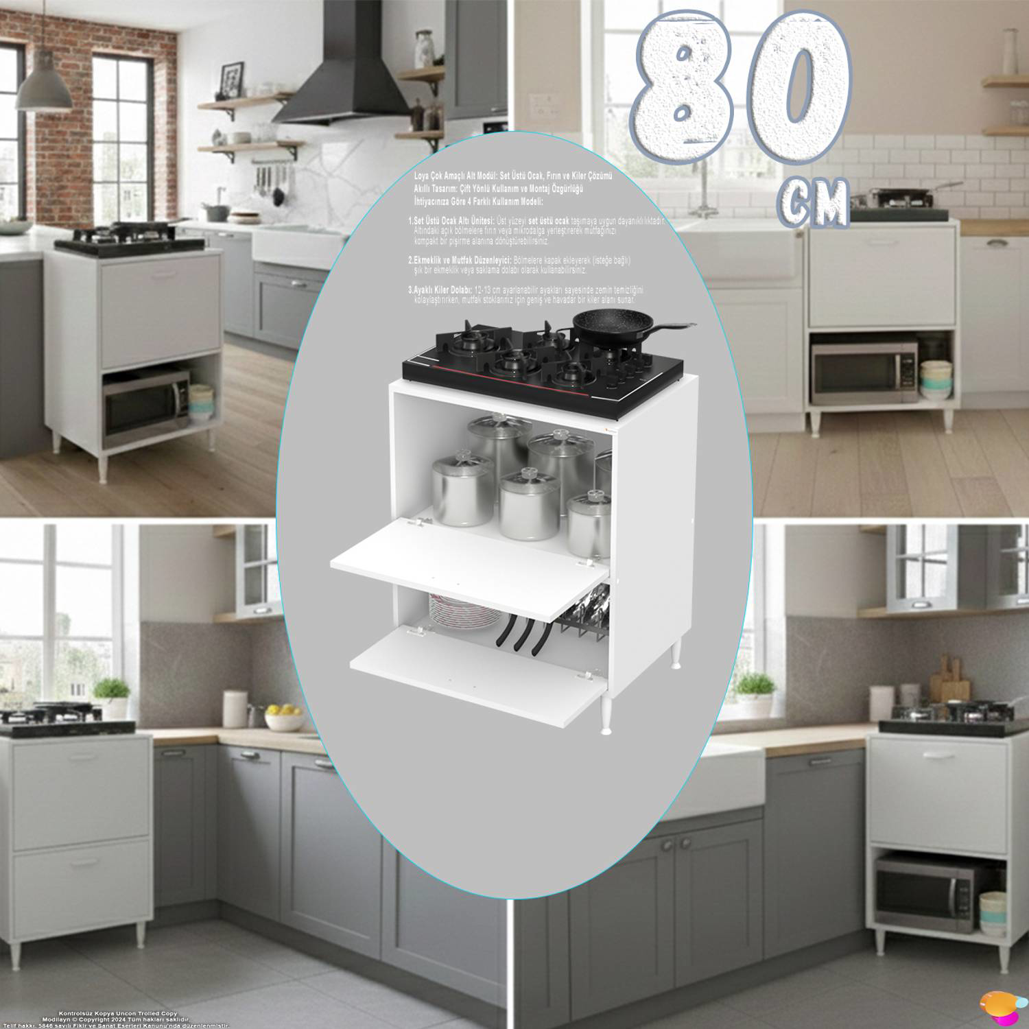 Siena 80 cm Çift Kapaklı Set Üstü Ocak Dolabı Fırınlık Kiler Çok  - Görsel 6