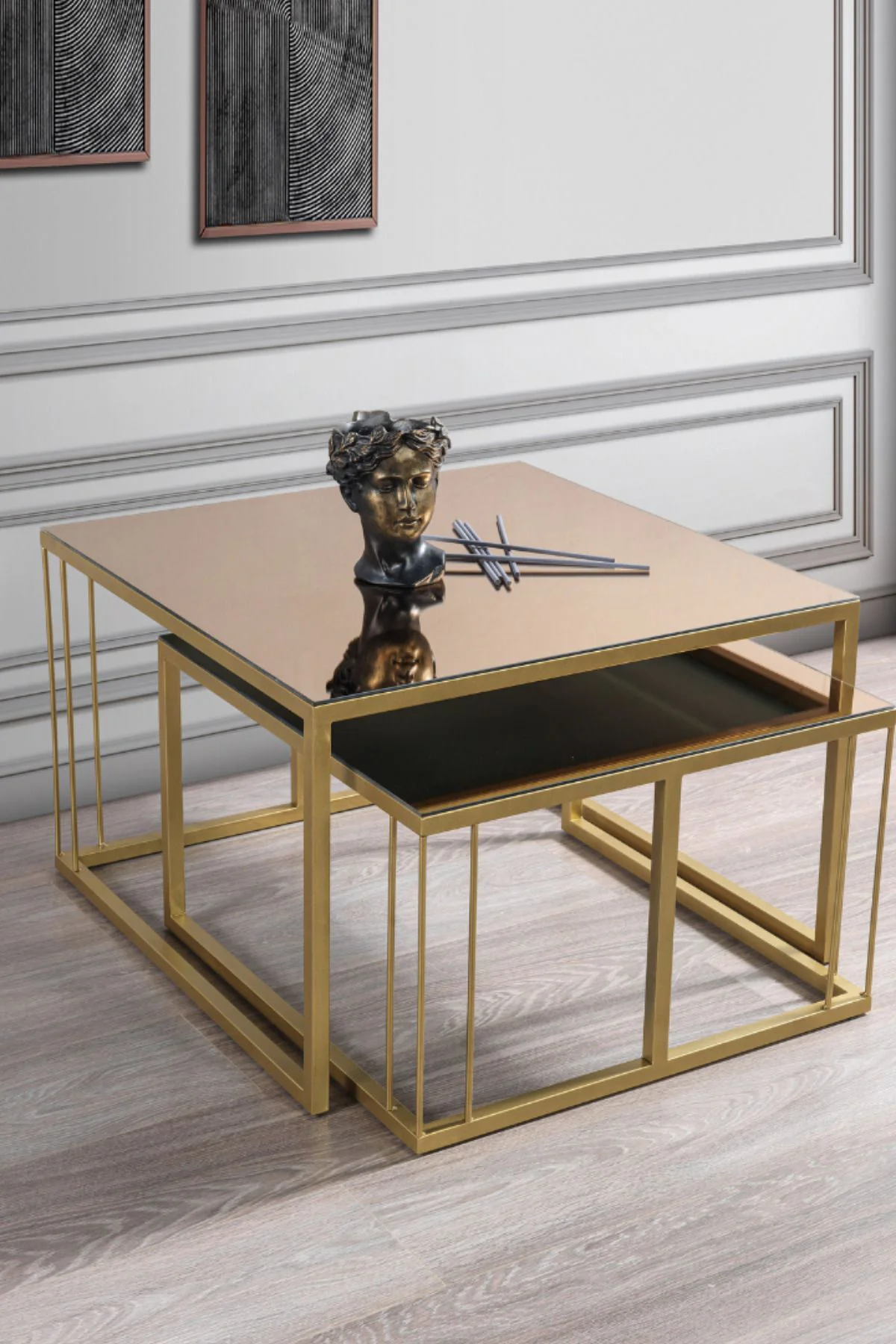 Siena Gold Metal Ayaklı Bronz Aynalı Orta Sehpa Takımı