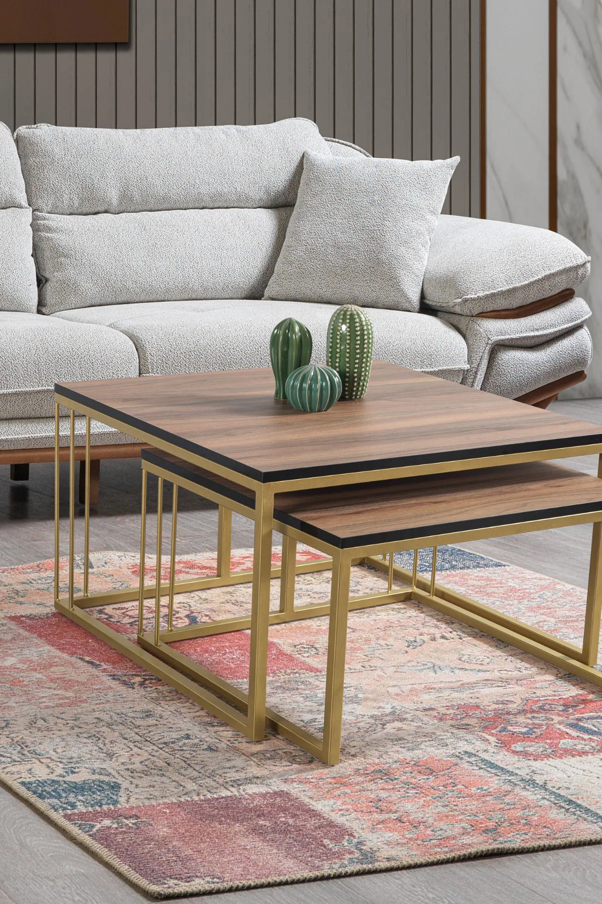 SİENA GOLD METAL AYAKLI CEVİZ ÜST TABLA ORTA SEHPA TAKIMI