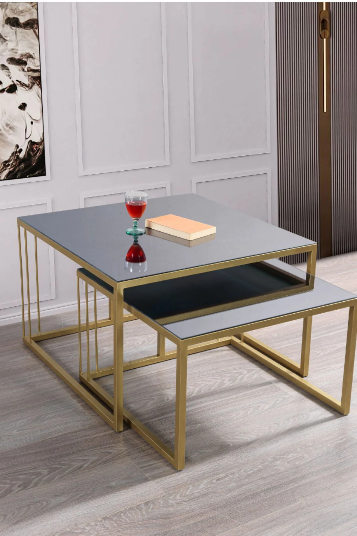 Siena Gold Metal Ayaklı Füme Aynalı Orta Sehpa Takımı