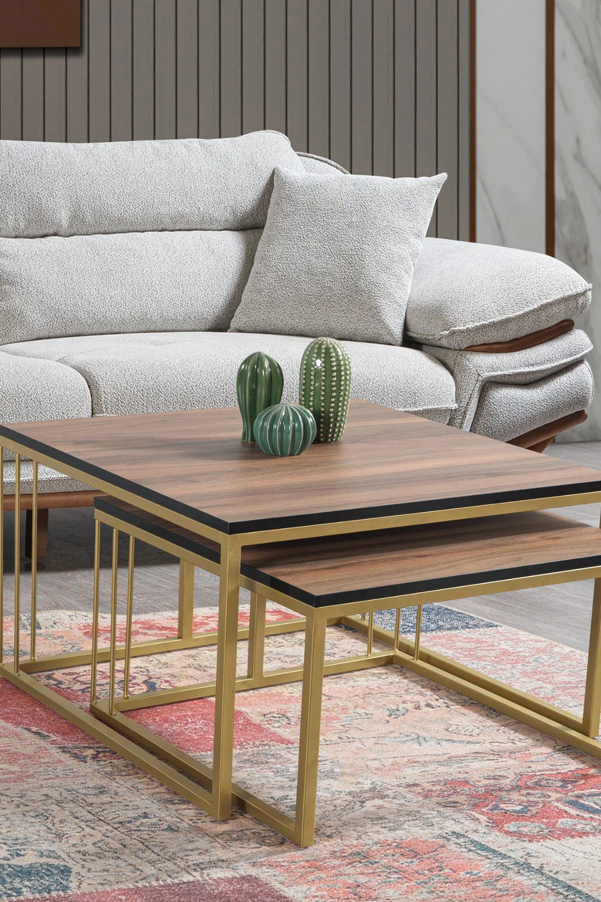 SİENA GOLD METAL AYAKLI CEVİZ ÜST TABLA ORTA SEHPA TAKIMI