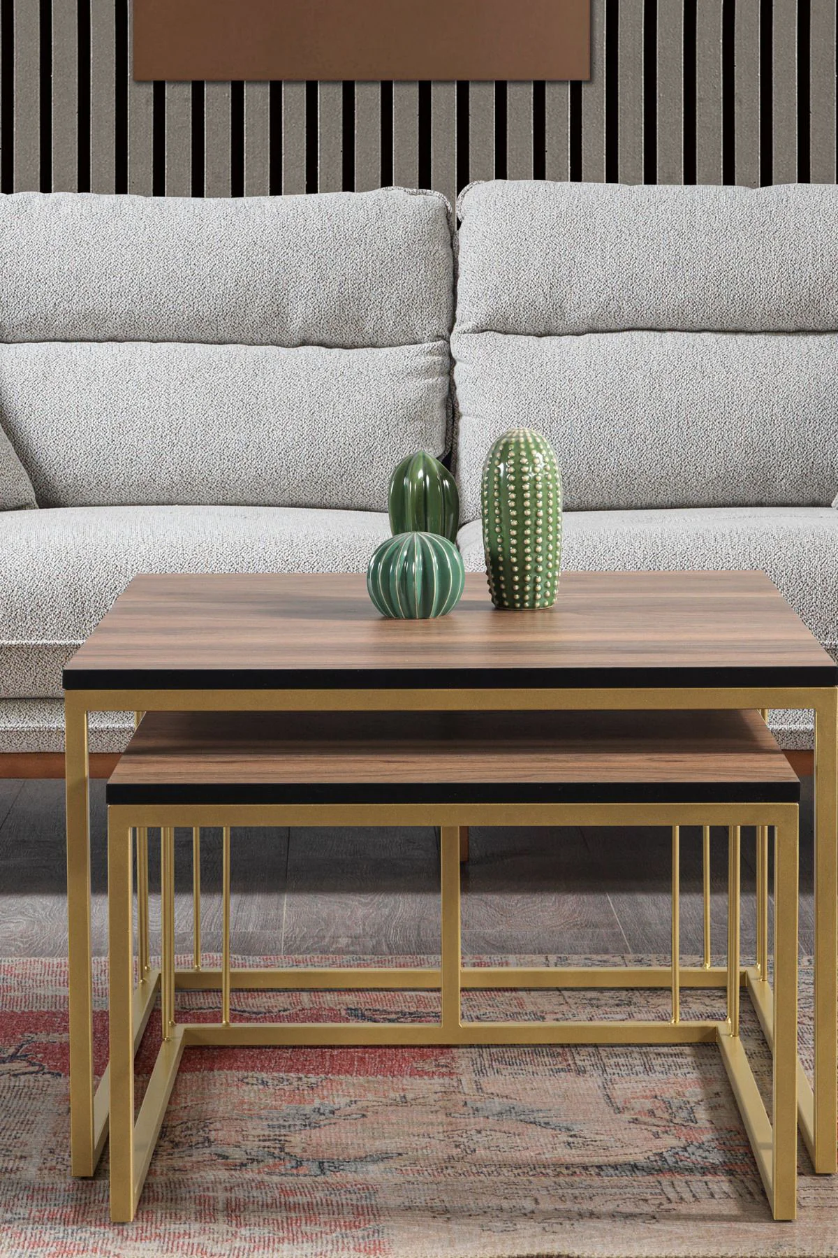 SİENA GOLD METAL AYAKLI CEVİZ ÜST TABLA ORTA SEHPA TAKIMI