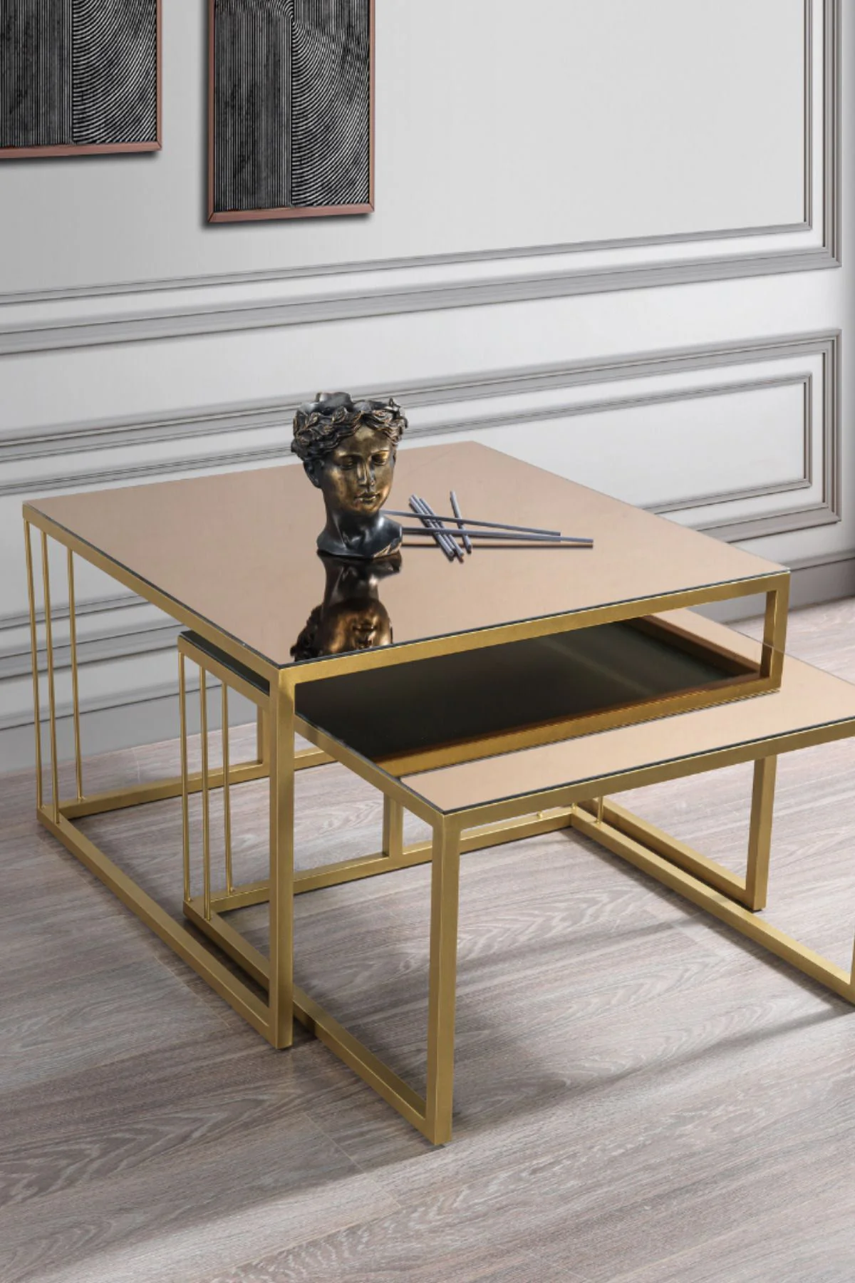 Siena Gold Metal Ayaklı Bronz Aynalı Orta Sehpa Takımı