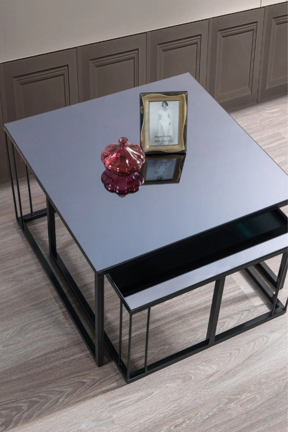 Siena Siyah Metal Ayaklı Füme Aynalı Orta Sehpa Takımı