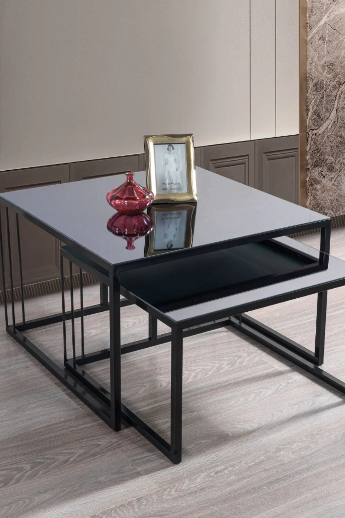 Siena Siyah Metal Ayaklı Füme Aynalı Orta Sehpa Takımı