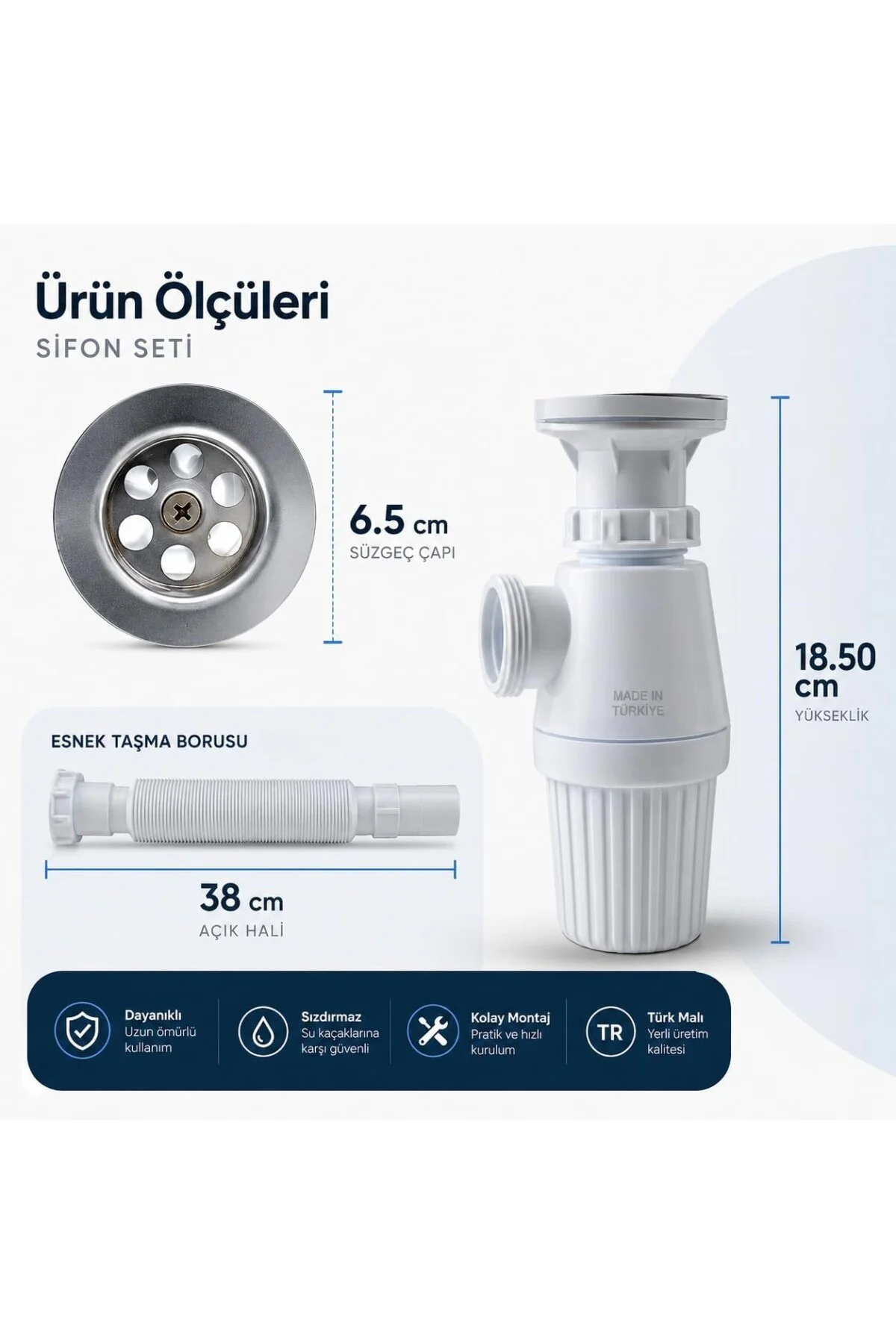 Sifon Körüklü Sökülebilir Tas'lı Temizlenebilir Mutfak Banyo Lavabo Taşı Gider Bor