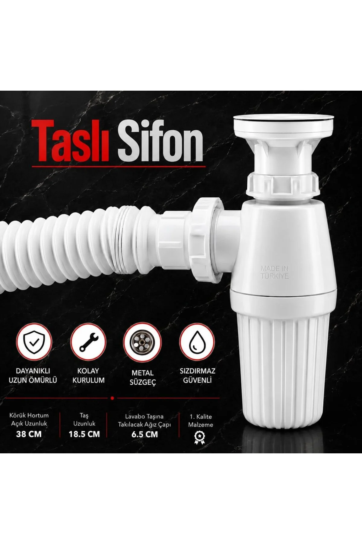 Sifon Körüklü Sökülebilir Tas'lı Temizlenebilir Mutfak Banyo Lavabo Taşı Gider Bor