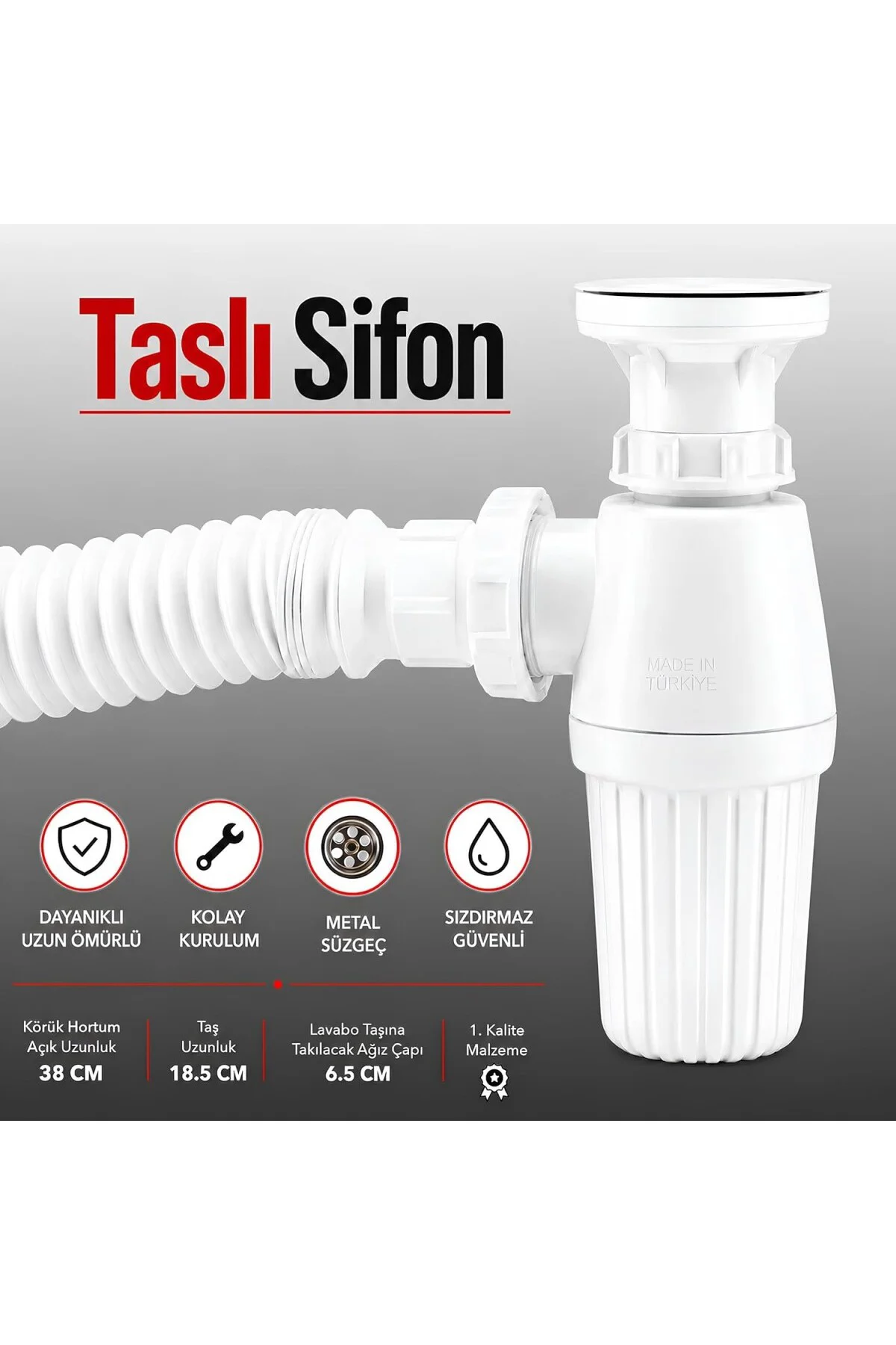 Sifon Körüklü Sökülebilir Tas'lı Temizlenebilir Mutfak Banyo Lavabo Taşı Gider Bor