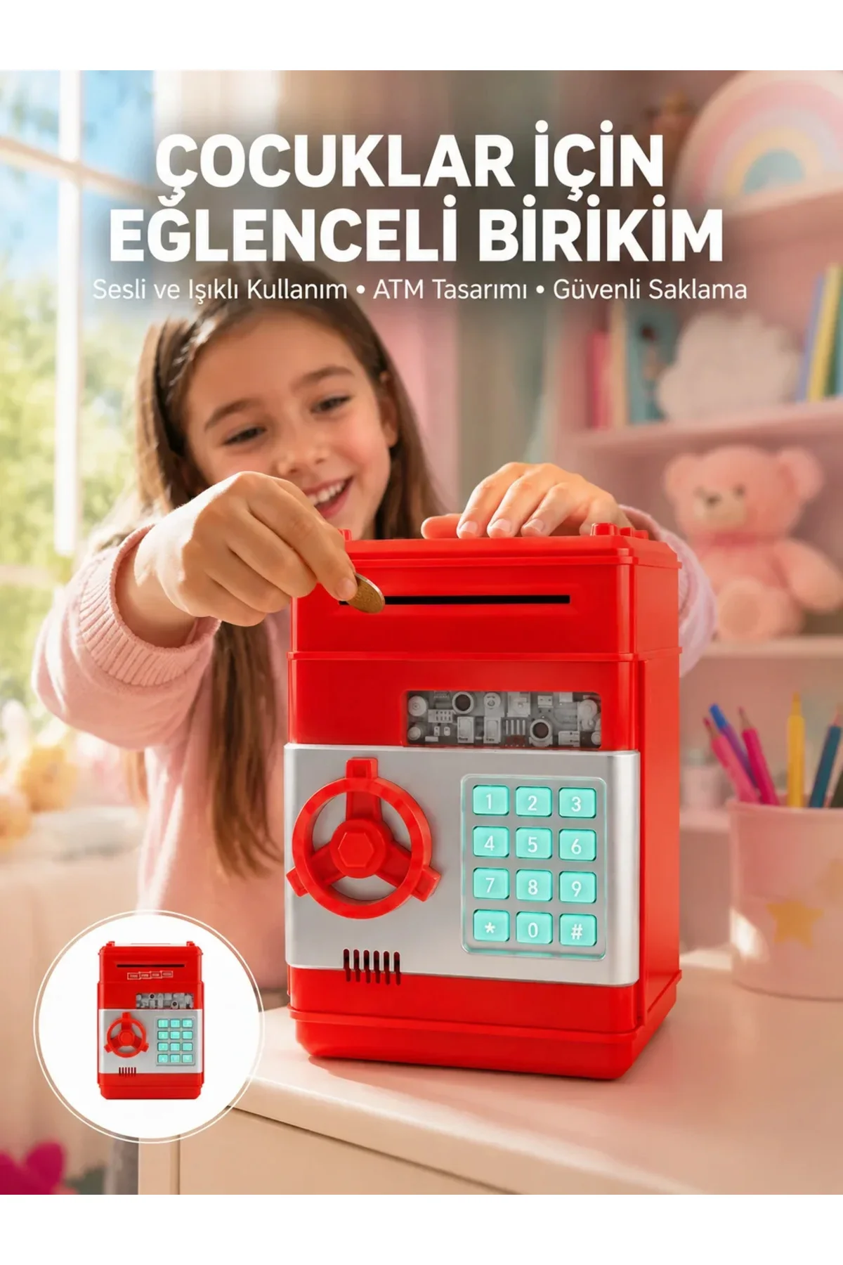 Şifreli Kırmızı ATM Tasarımlı Çelik Kasa Görünümlü Kumbara Şifreli Kırmızı ATM Tasarımlı Çelik Kasa Görünümlü Kumbara